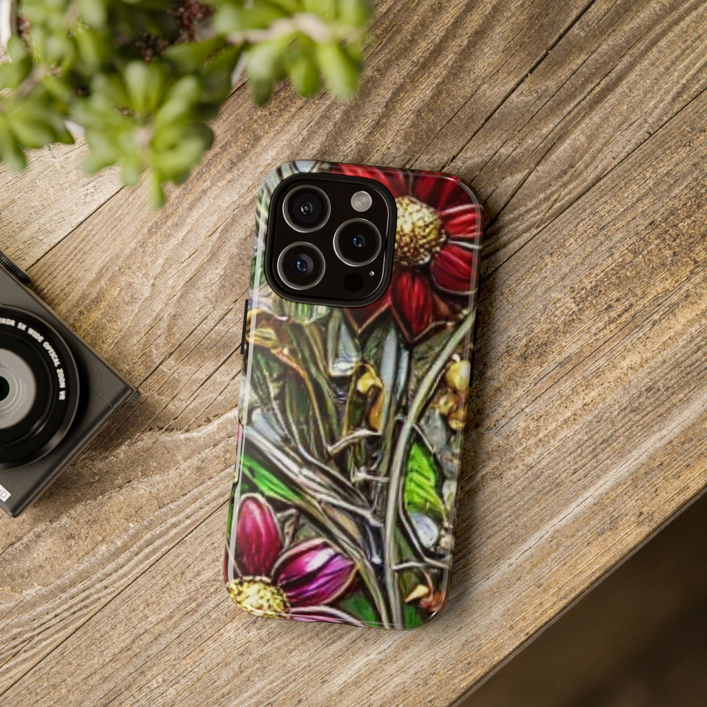 Floral Stained Glass Phone Case – Metallic Red & Purple Flower Design