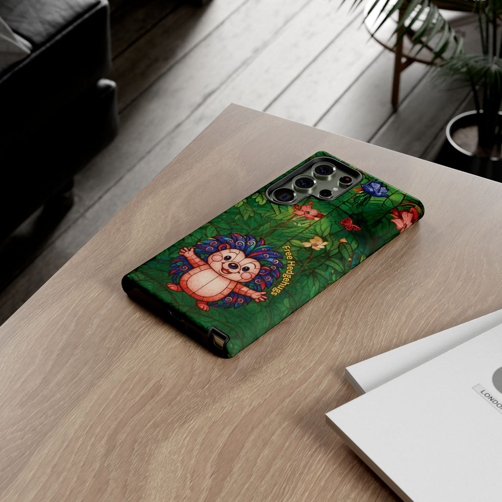 Stained Glass Hedgehog Phone Case – "Free Hedgehugs" Floral Design