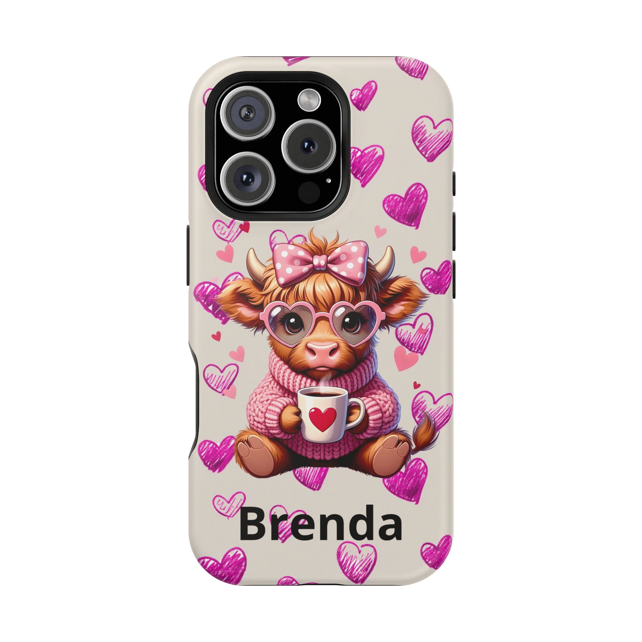 Highland Cow With Pink Hearts iPhone Case, Valentines Magnetic Impact-Resistant Case