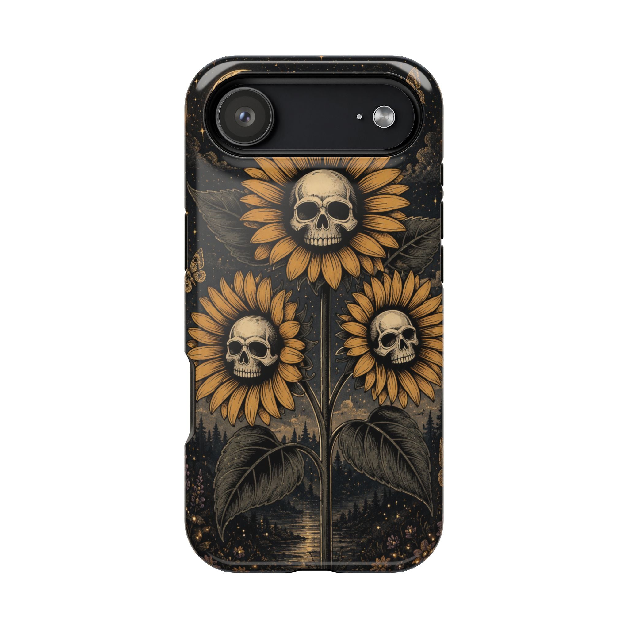 Skull Sunflowers Phone Case – Dark Floral MagSafe-Compatible Cover