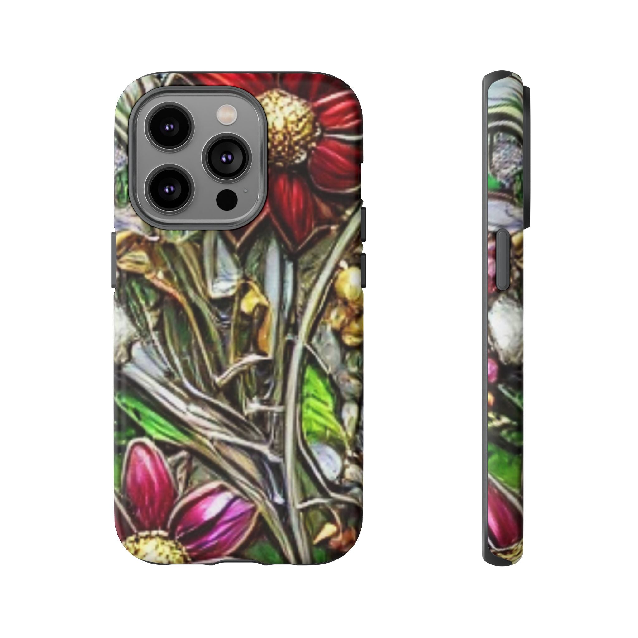 Floral Stained Glass Phone Case – Metallic Red & Purple Flower Design