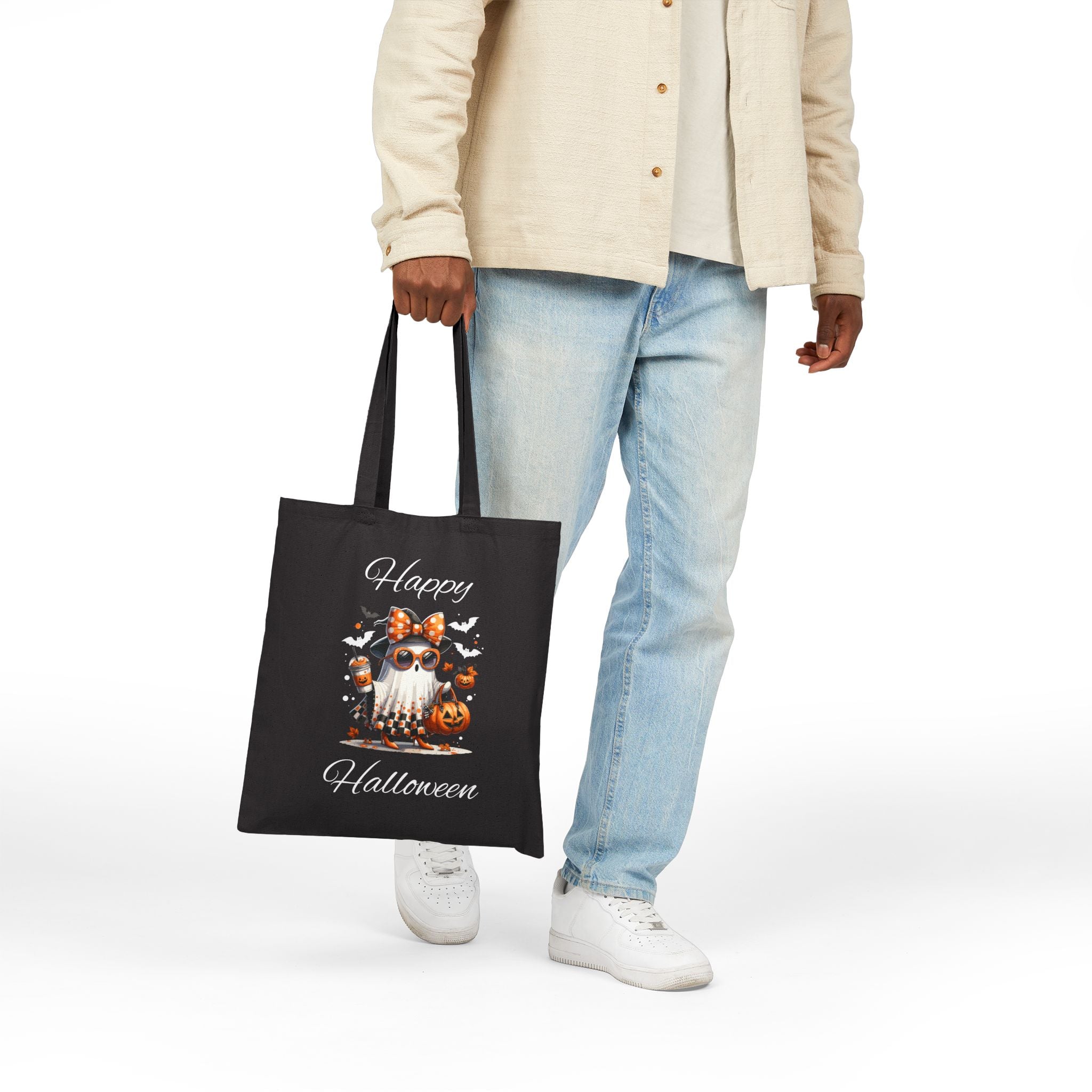 Cotton Canvas Halloween Trick or Treat Tote Bag, Fall Decor Reusable Shopping Bag Bougie Ghost Design Teacher Gift Sturdy Student Laptop Bag