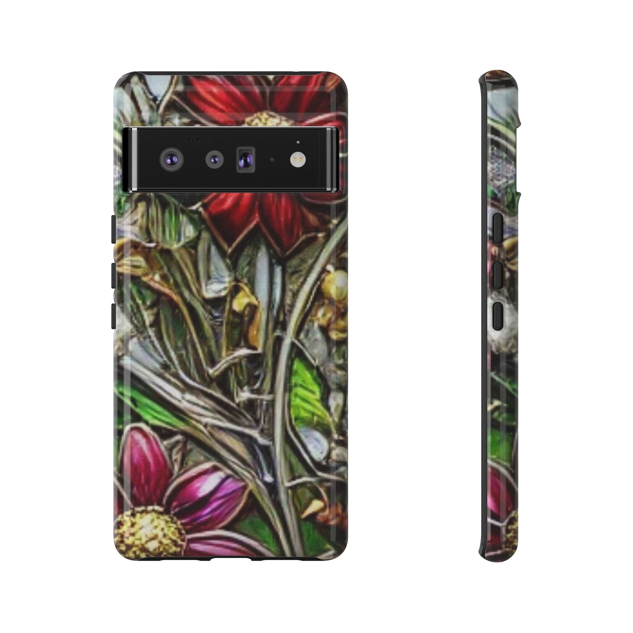 Floral Stained Glass Phone Case – Metallic Red & Purple Flower Design