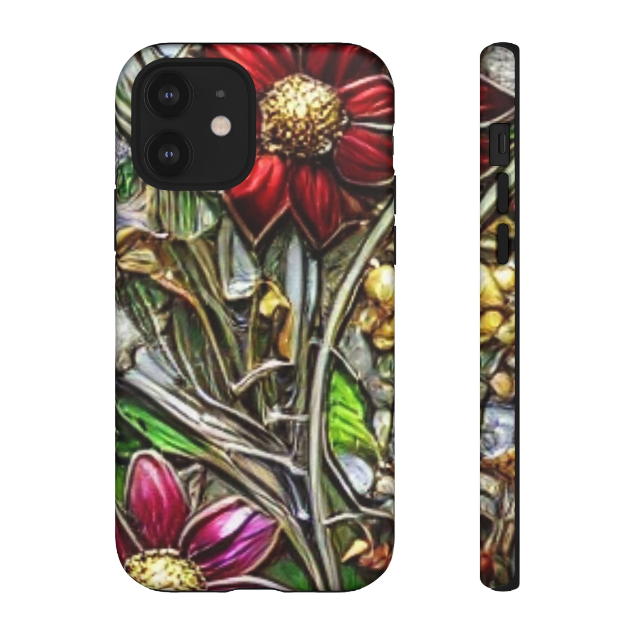 Floral Stained Glass Phone Case – Metallic Red & Purple Flower Design