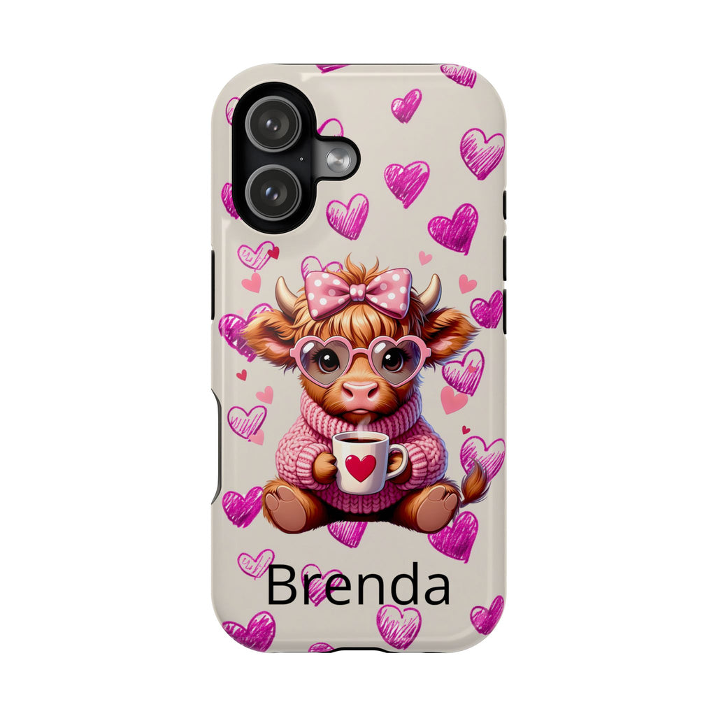 Highland Cow With Pink Hearts iPhone Case, Valentines Magnetic Impact-Resistant Case