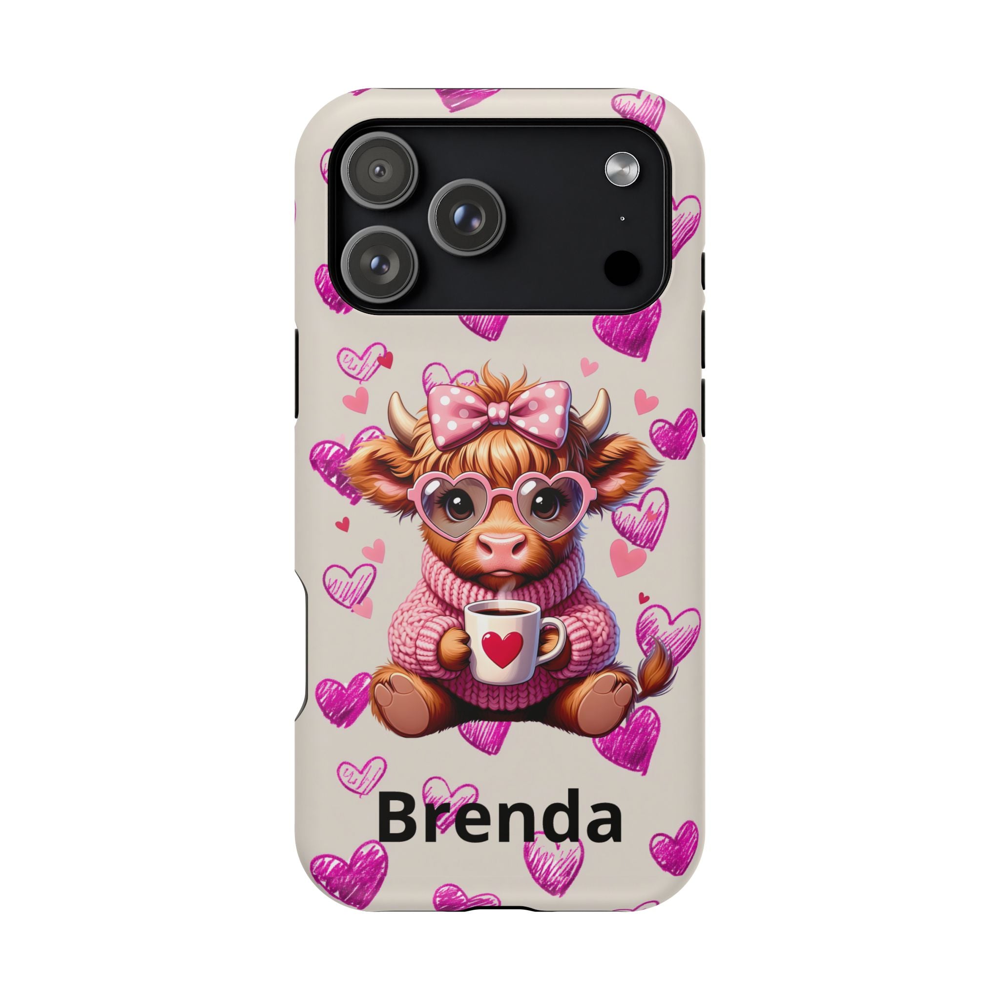 Highland Cow With Pink Hearts iPhone Case, Valentines Magnetic Impact-Resistant Case