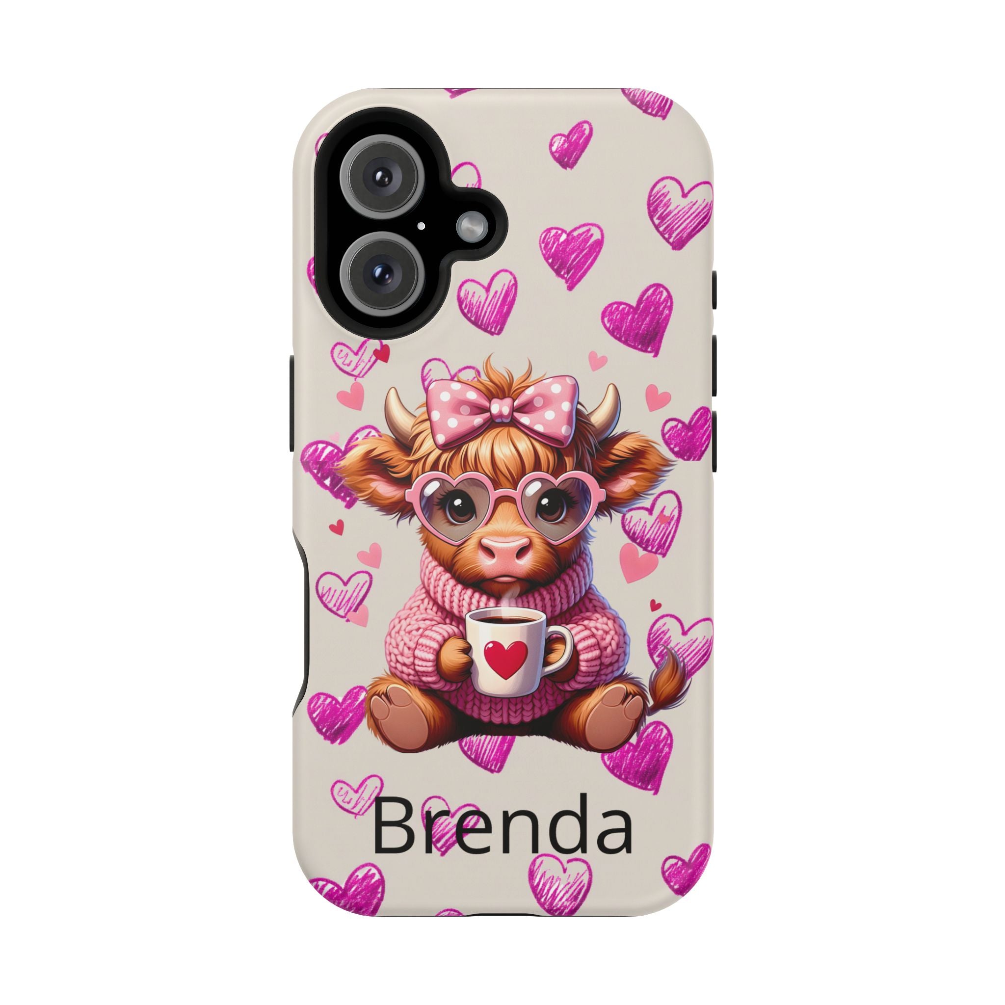 Highland Cow With Pink Hearts iPhone Case, Valentines Magnetic Impact-Resistant Case