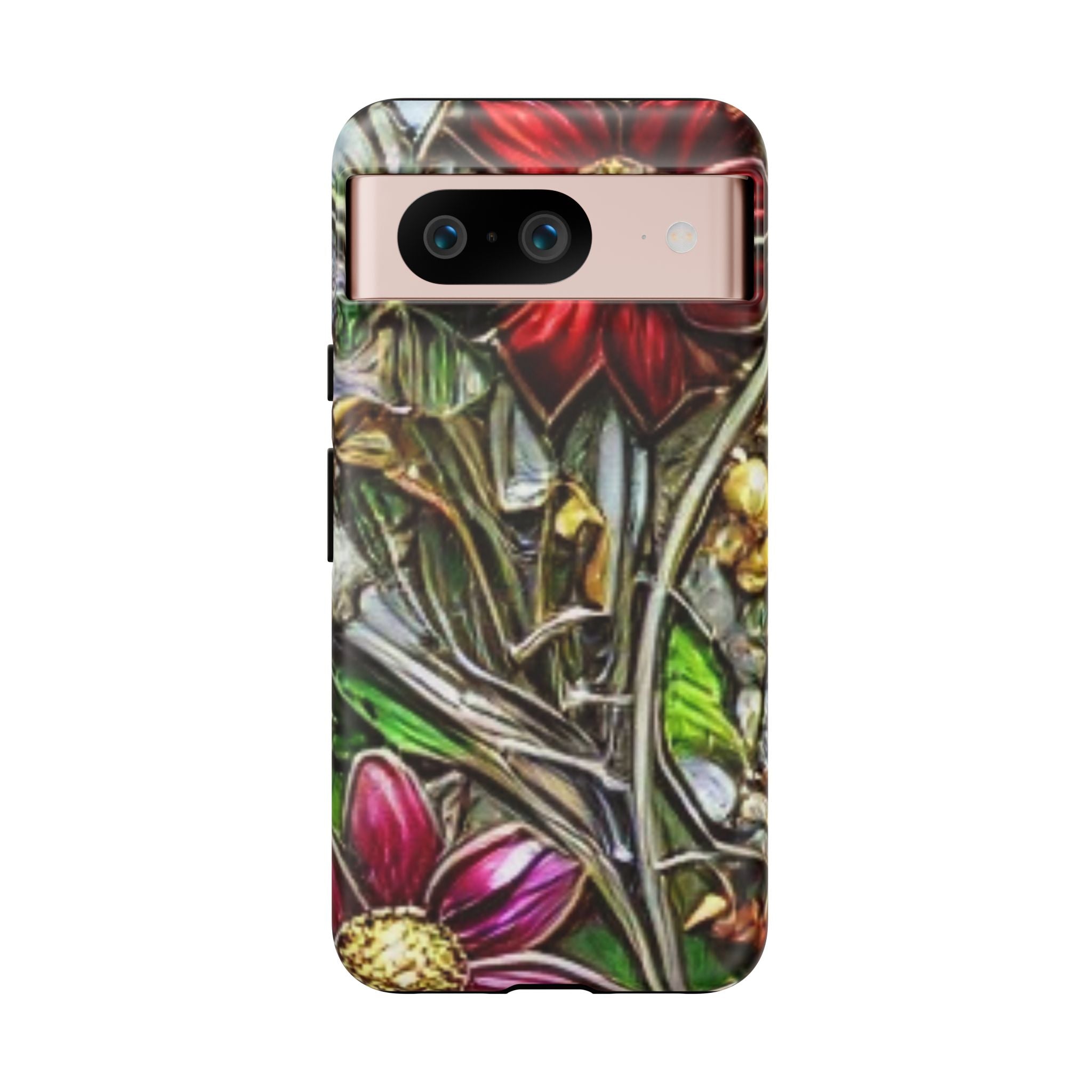 Floral Stained Glass Phone Case – Metallic Red & Purple Flower Design