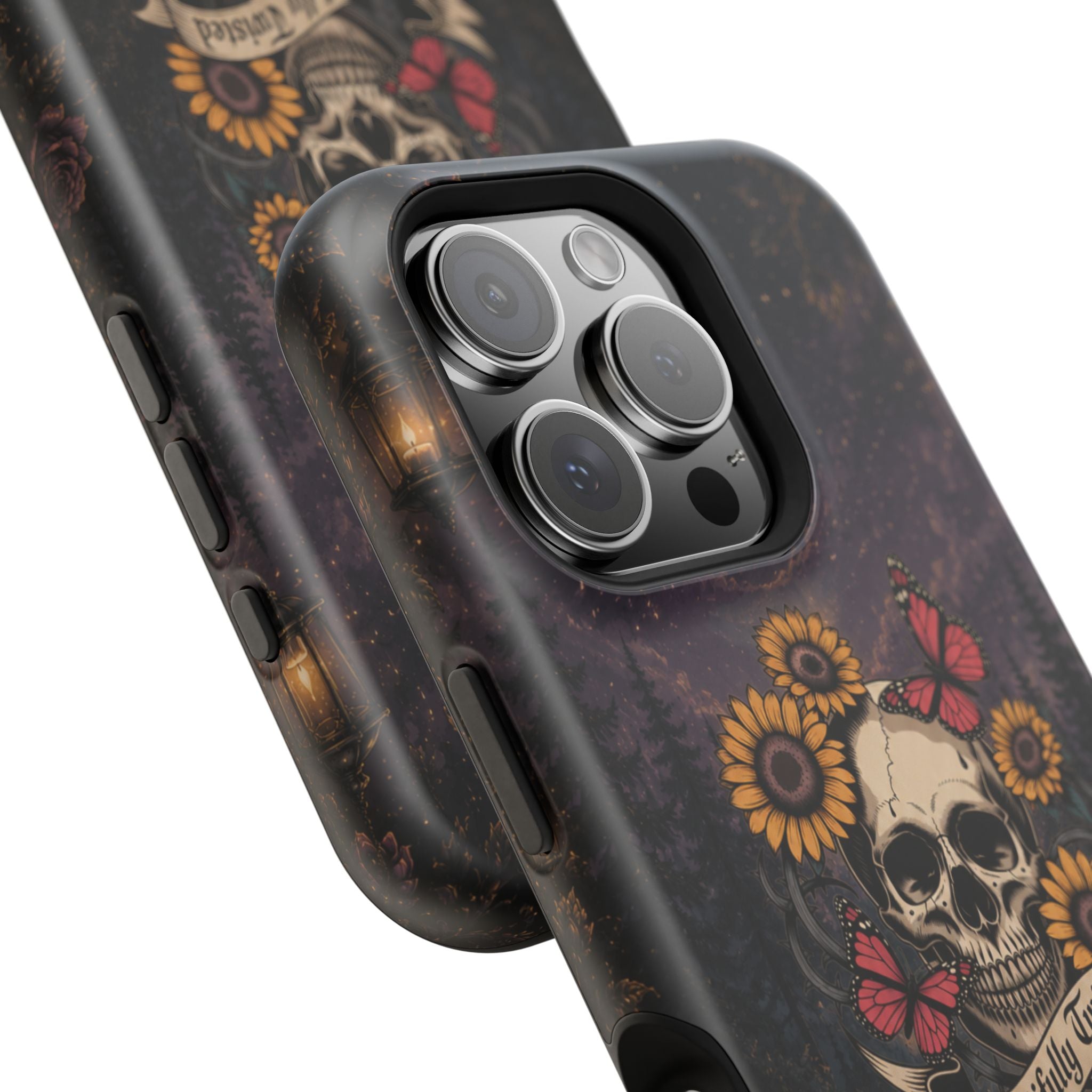 Skull, Sunflowers & Butterflies Phone Case – "Beautifully Twisted" MagSafe Cover