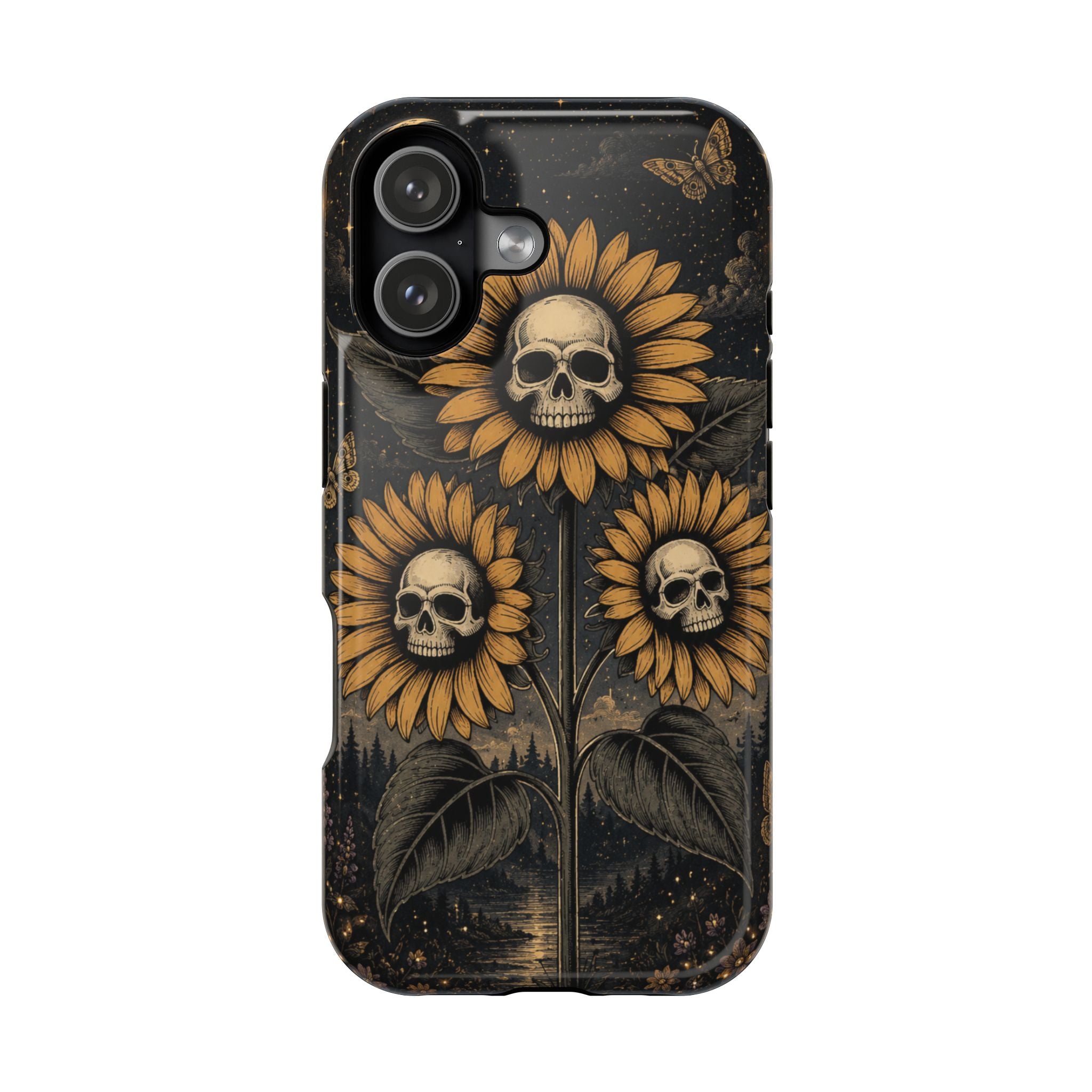 Skull Sunflowers Phone Case – Dark Floral MagSafe-Compatible Cover
