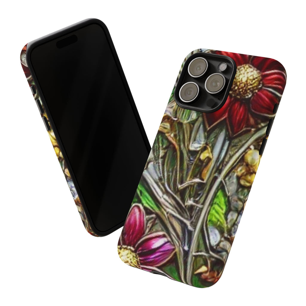 Floral Stained Glass Phone Case – Metallic Red & Purple Flower Design