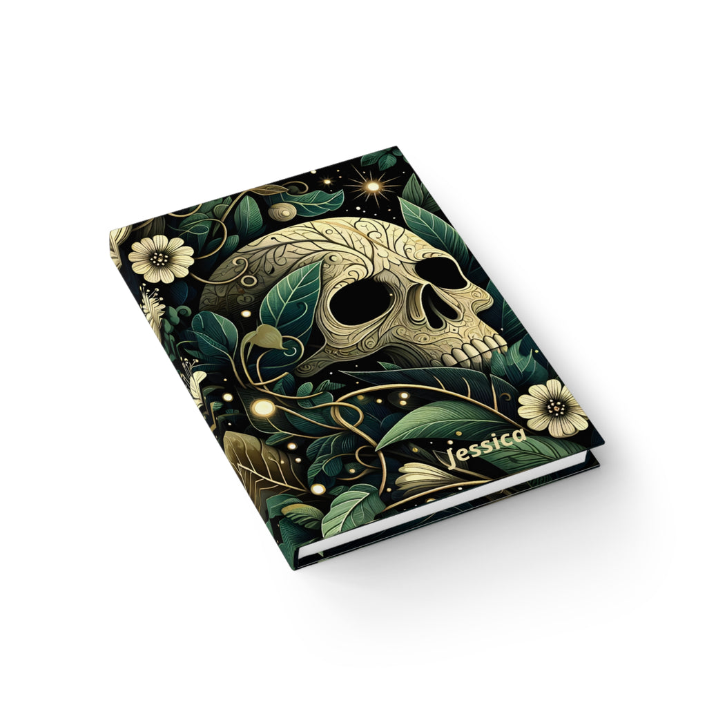 Personalized Botanical Skull Journal — Custom Name Floral Skull Hardcover Notebook | Blank Pages, Dark Green Day of the Dead Gift