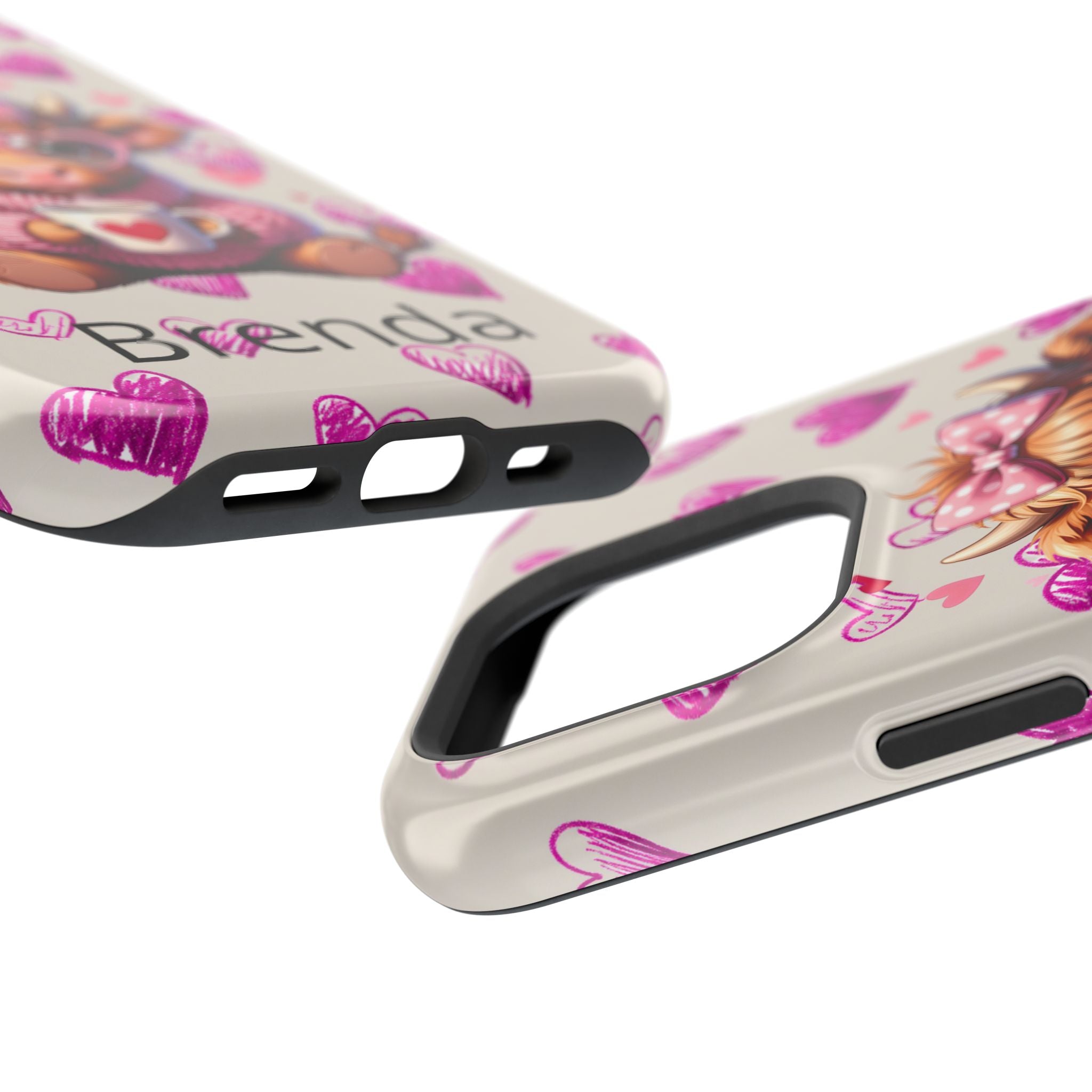 Highland Cow With Pink Hearts iPhone Case, Valentines Magnetic Impact-Resistant Case