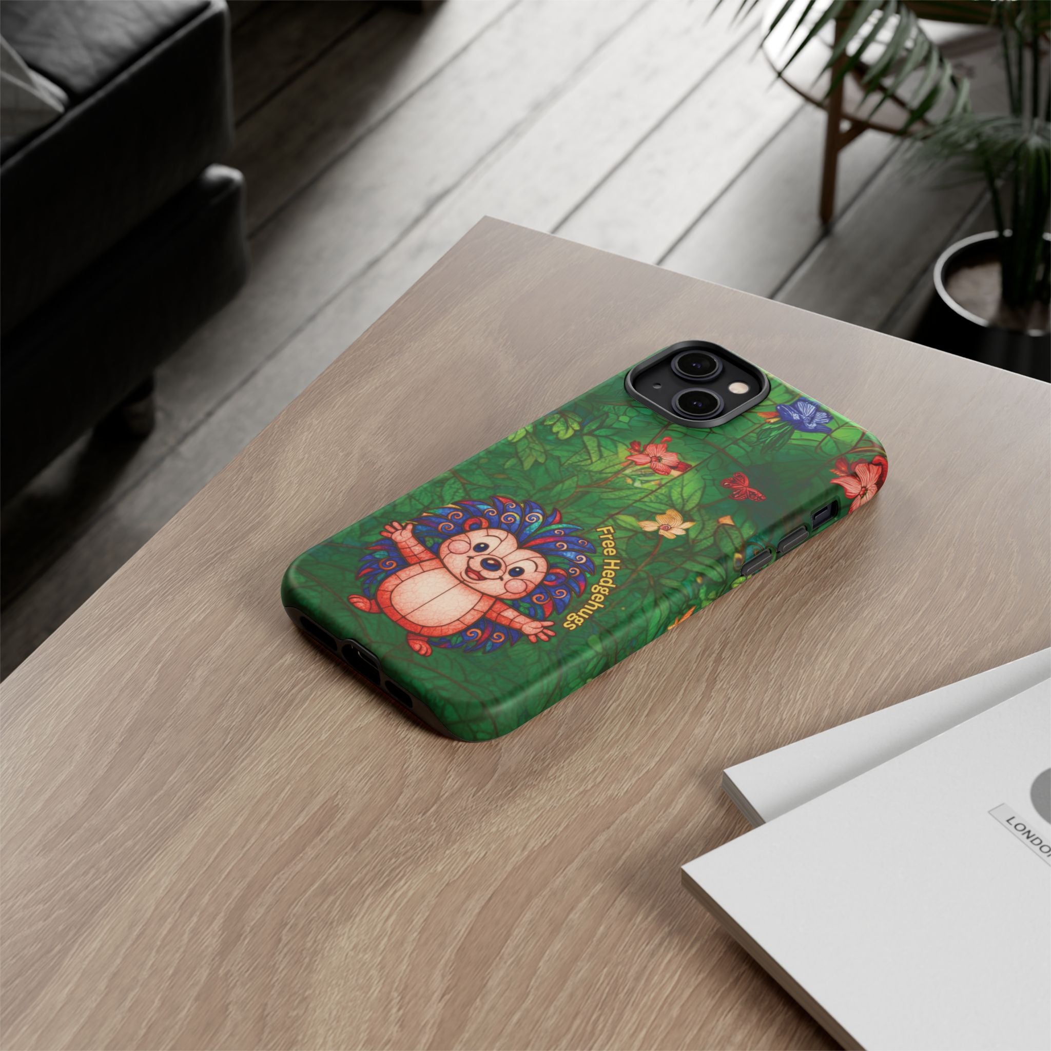 Stained Glass Hedgehog Phone Case – "Free Hedgehugs" Floral Design