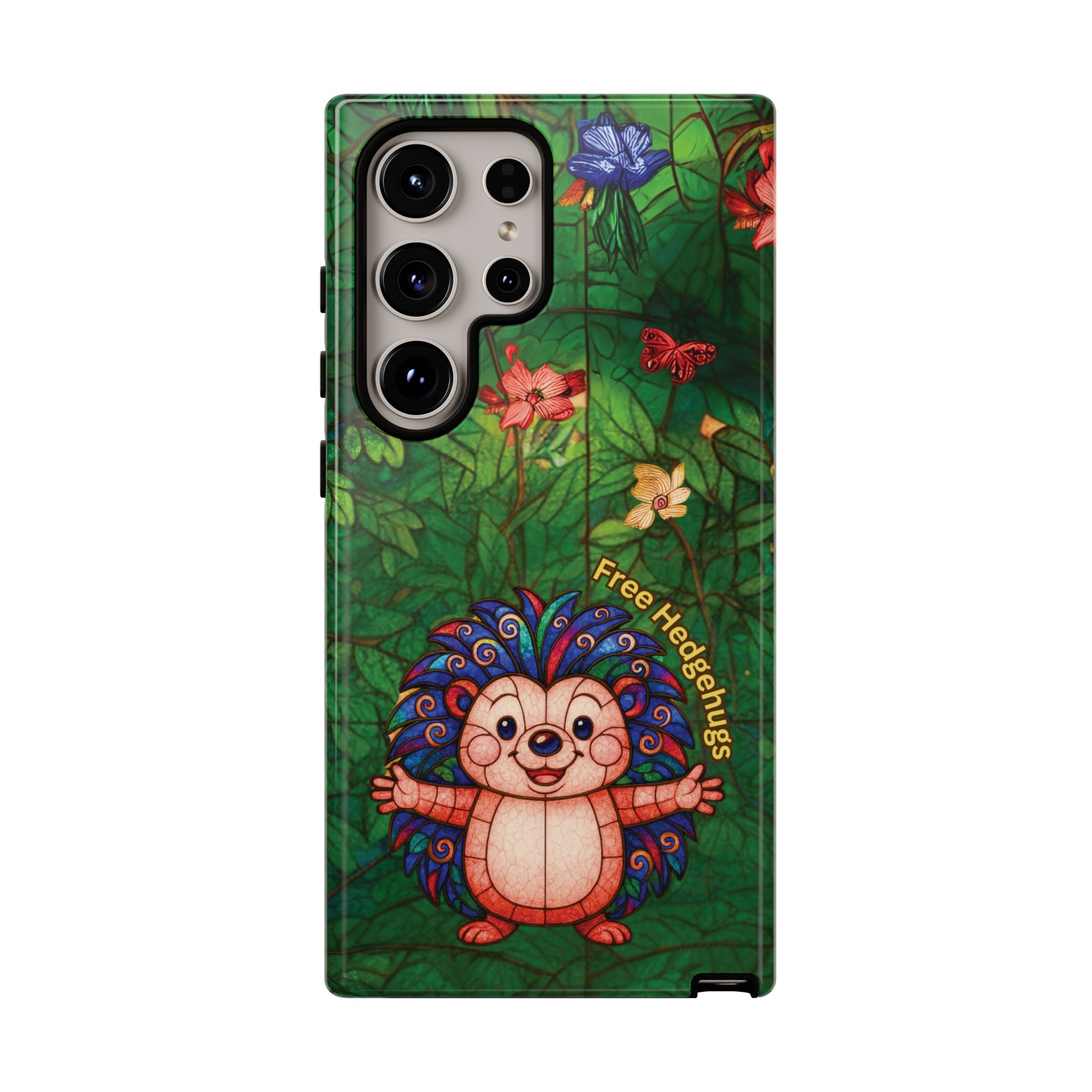 Stained Glass Hedgehog Phone Case – "Free Hedgehugs" Floral Design