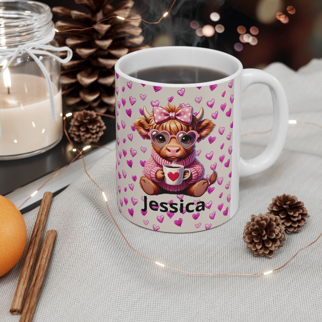 Custom Highland Cow With Pink Hearts Mug, Personalized Valentine Ceramic Coffee Cup