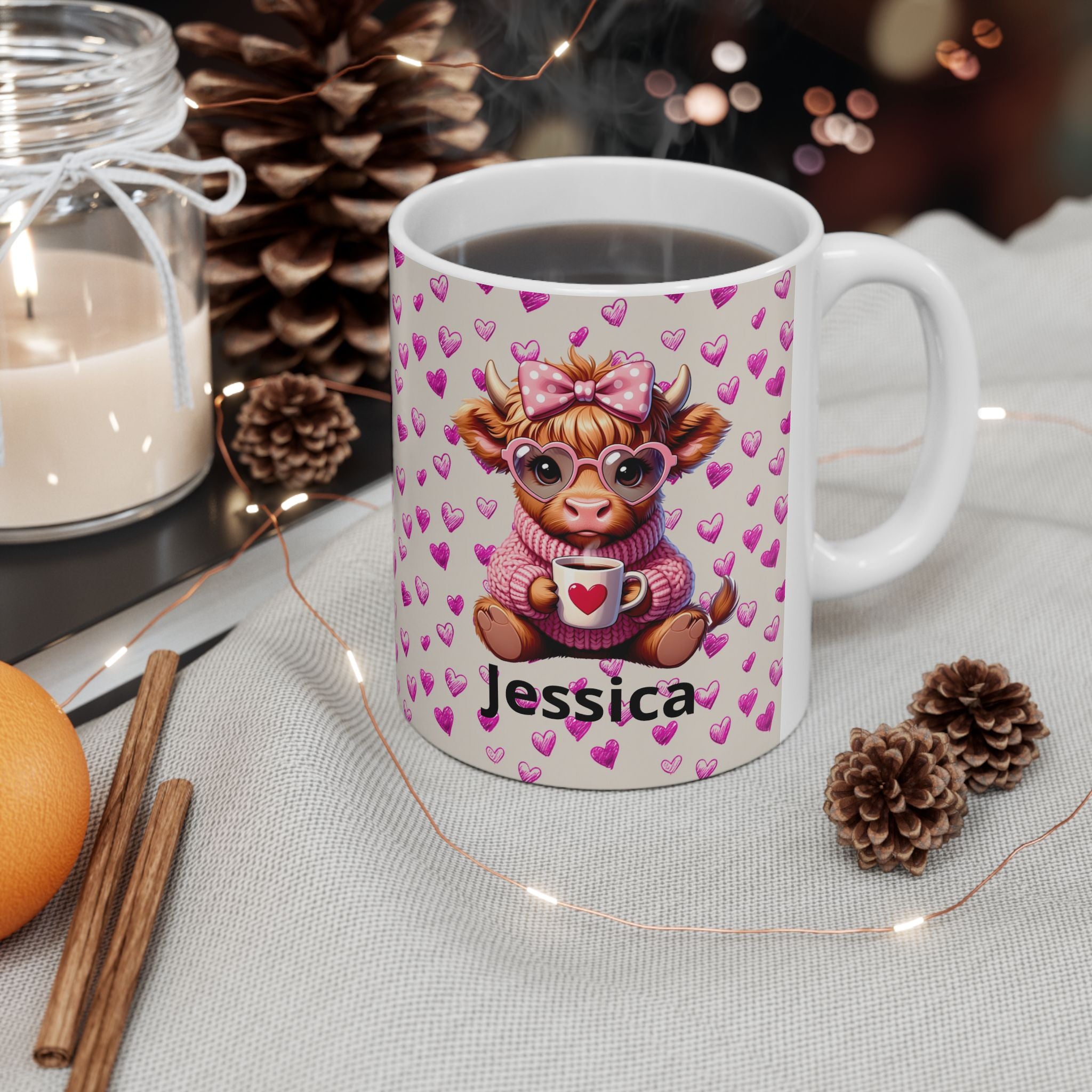 Custom Highland Cow With Pink Hearts Mug, Personalized Valentine Ceramic Coffee Cup