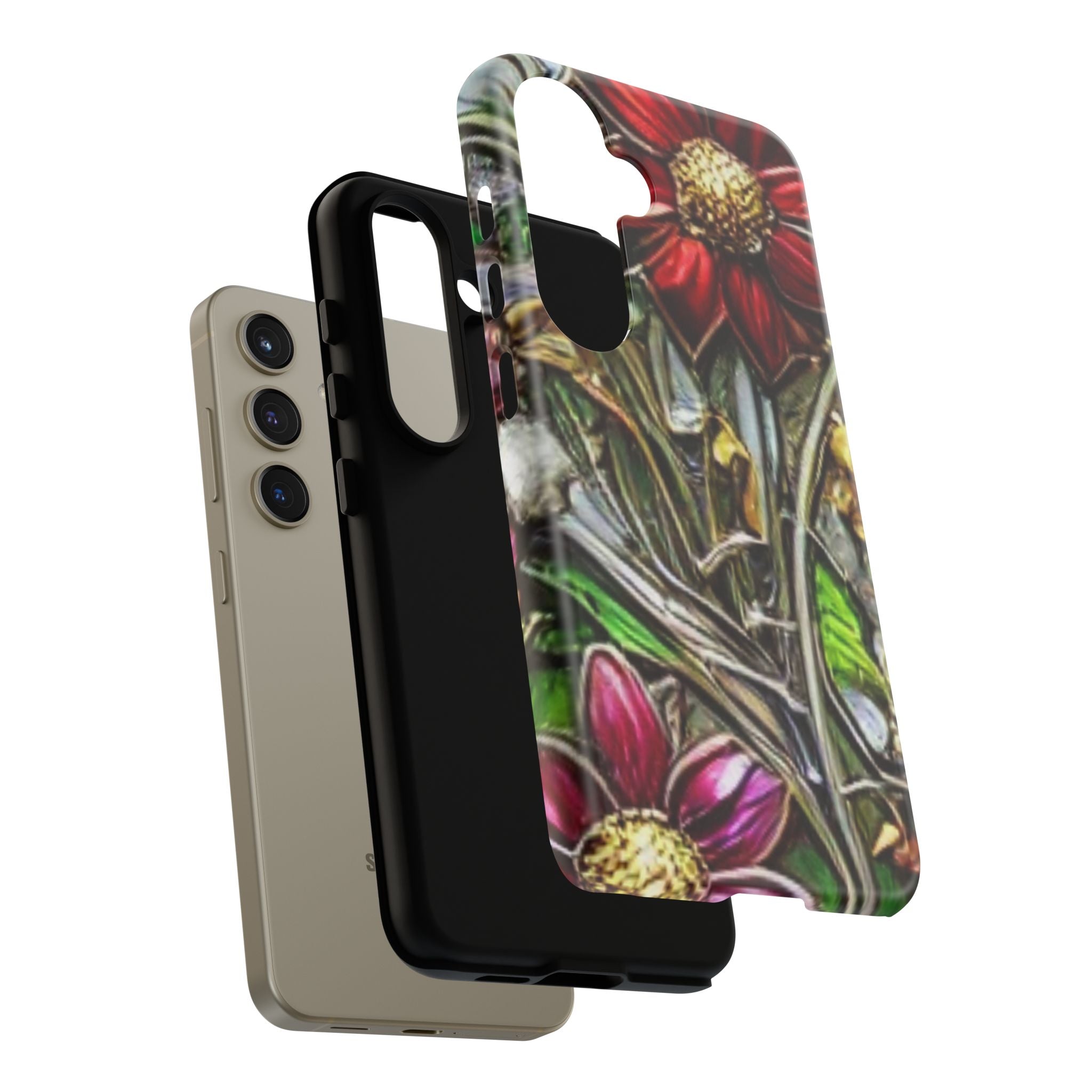 Floral Stained Glass Phone Case – Metallic Red & Purple Flower Design