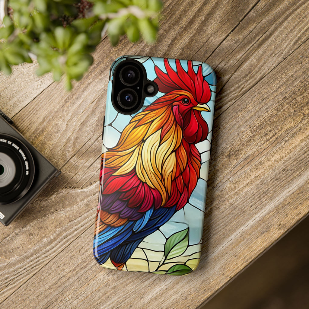 Rooster Faux Stained Glass Phone Case – 3D Full-Wrap Protective Cover with TPU Liner
