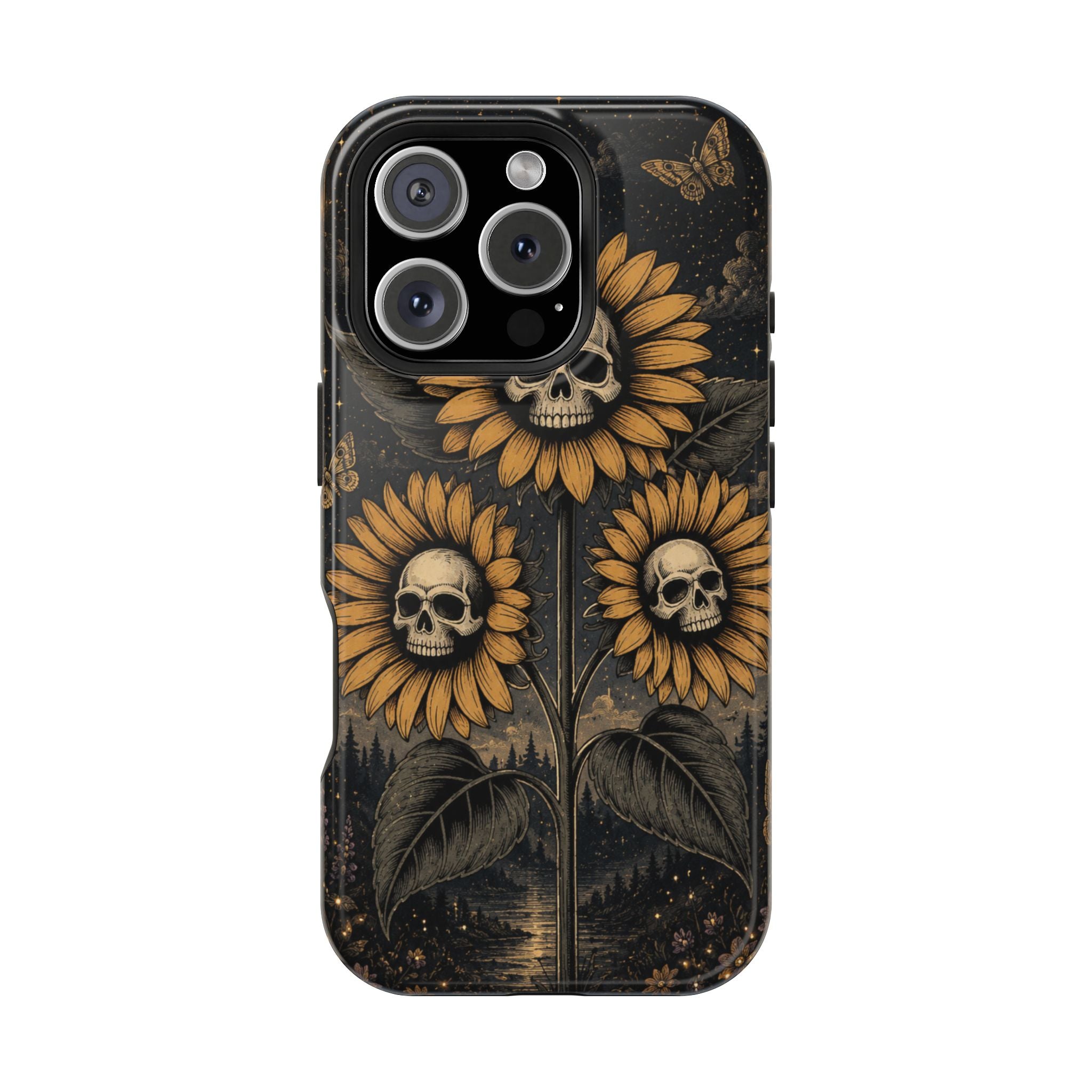 Skull Sunflowers Phone Case – Dark Floral MagSafe-Compatible Cover