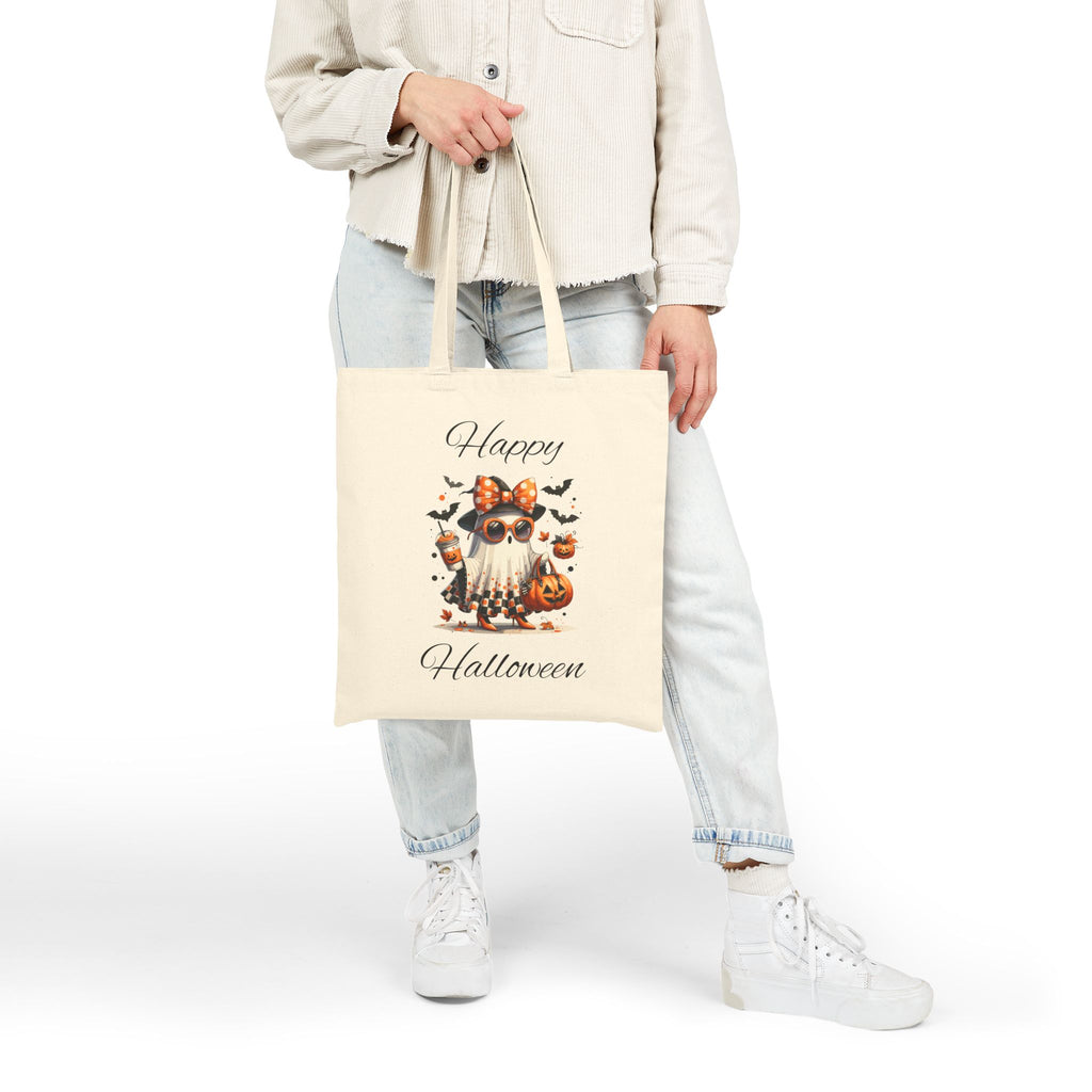 Cotton Canvas Halloween Trick or Treat Tote Bag, Fall Decor Reusable Shopping Bag Bougie Ghost Design Teacher Gift Sturdy Student Laptop Bag