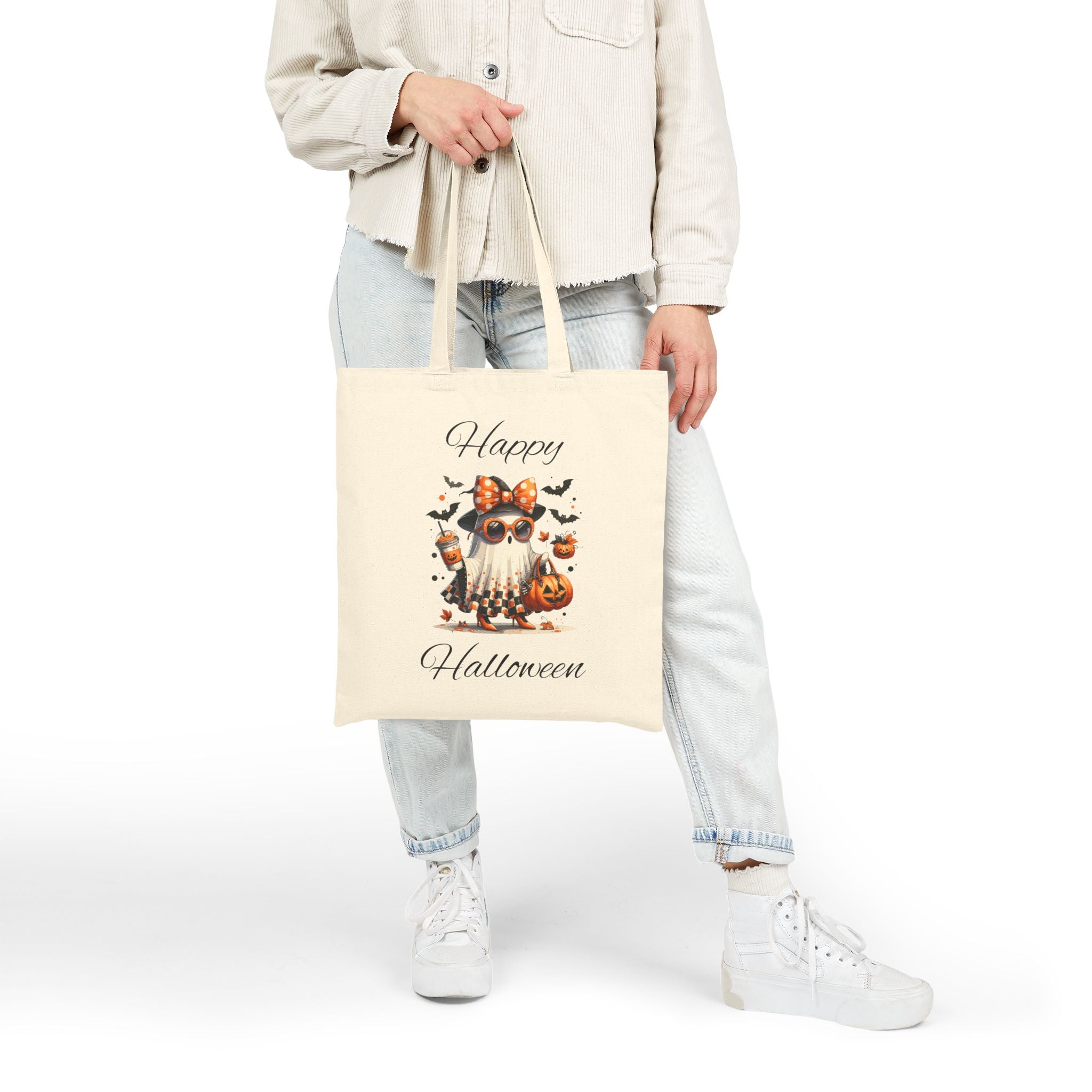 Cotton Canvas Halloween Trick or Treat Tote Bag, Fall Decor Reusable Shopping Bag Bougie Ghost Design Teacher Gift Sturdy Student Laptop Bag