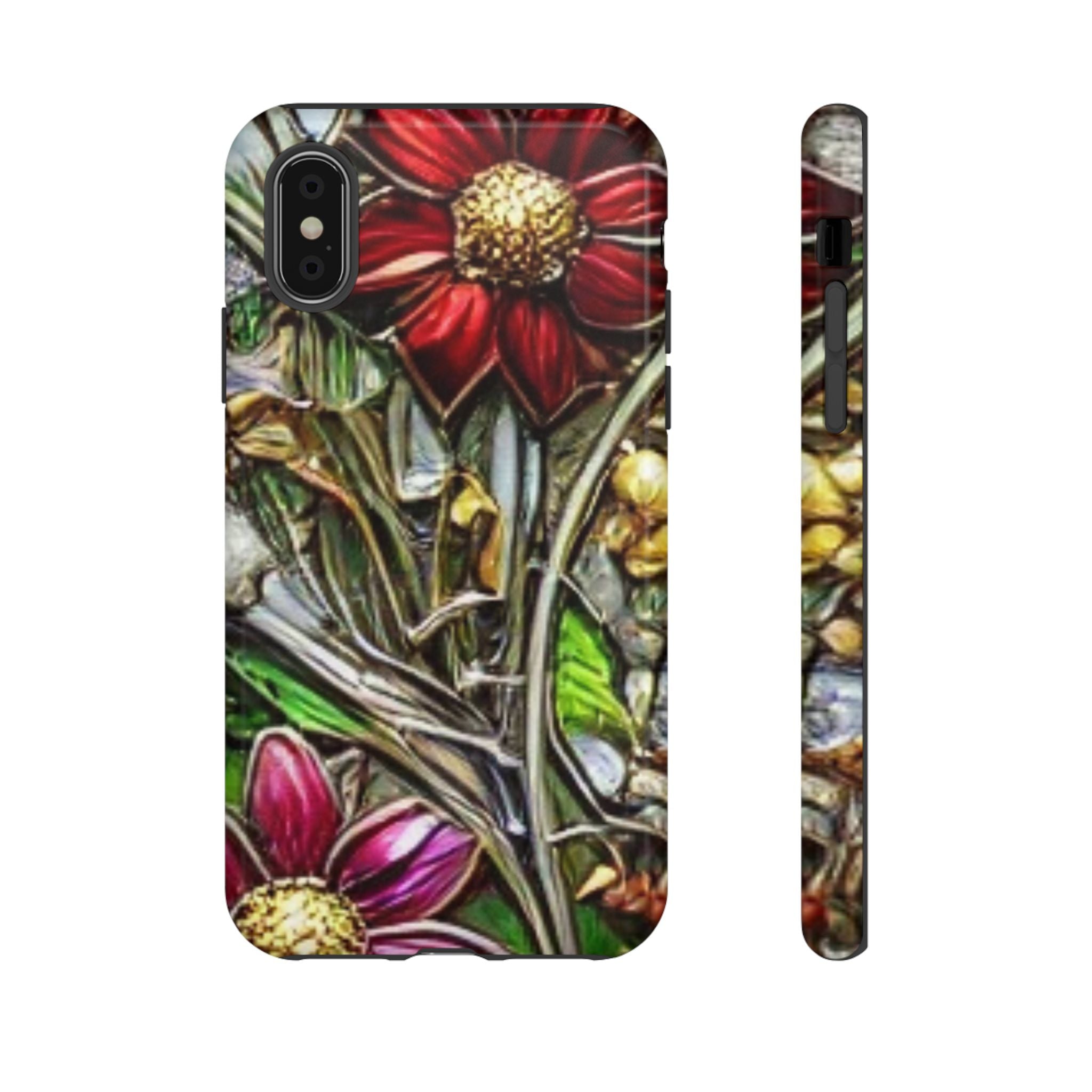 Floral Stained Glass Phone Case – Metallic Red & Purple Flower Design