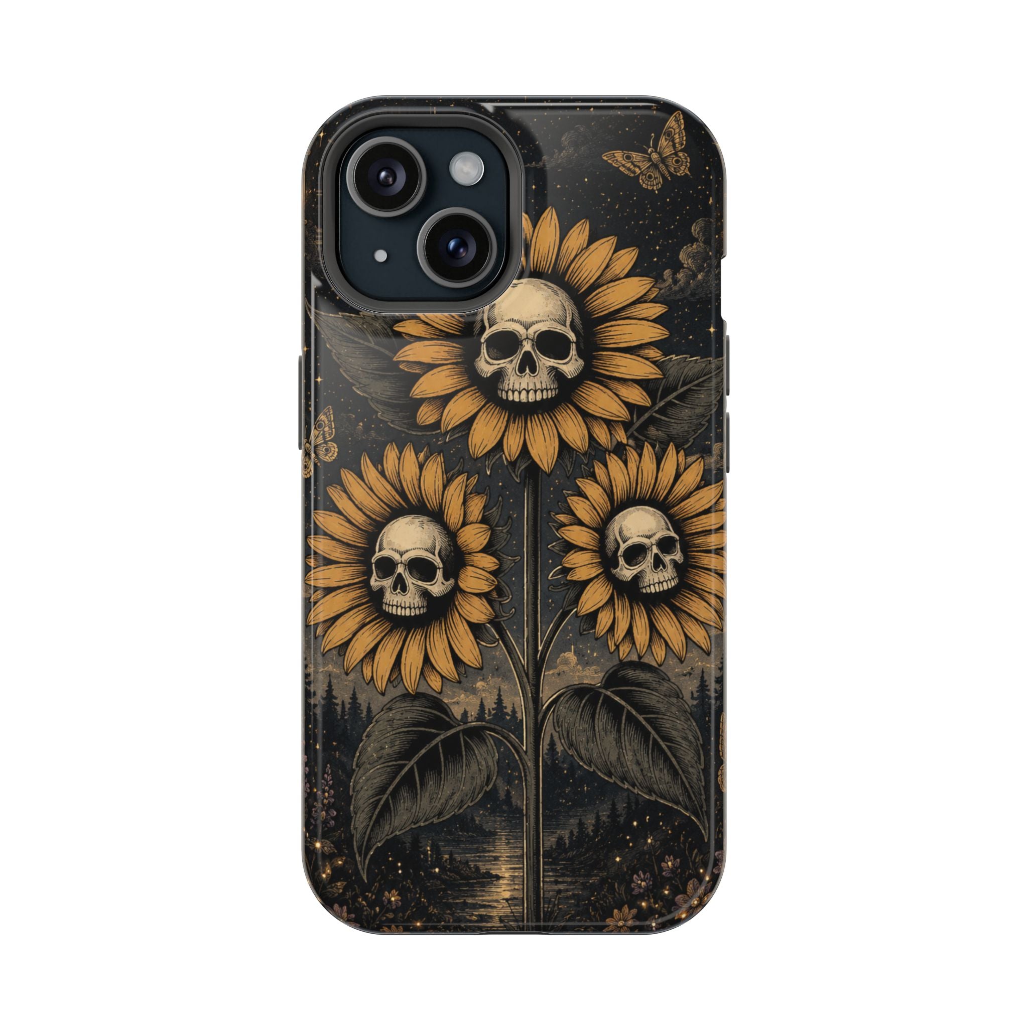 Skull Sunflowers Phone Case – Dark Floral MagSafe-Compatible Cover