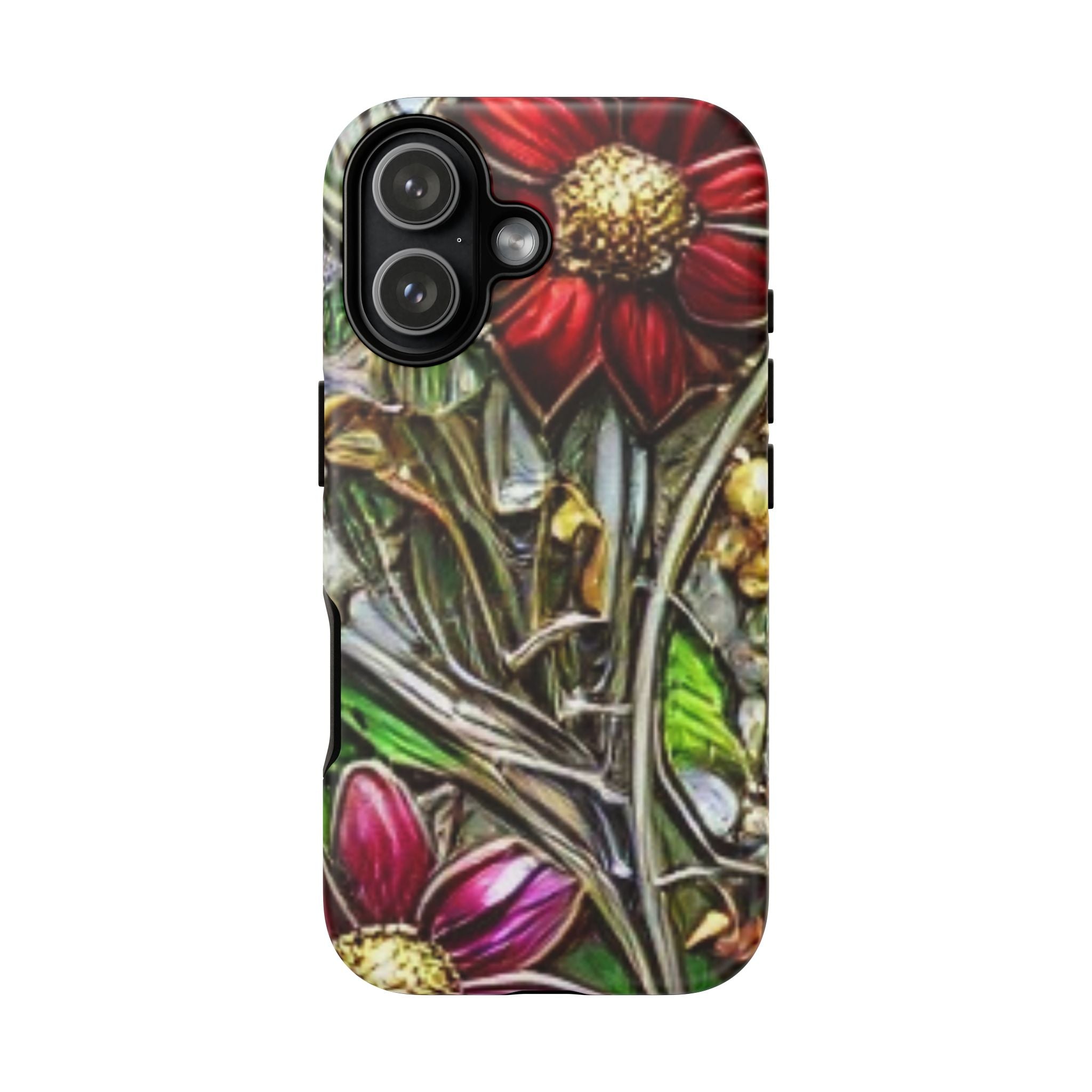 Floral Stained Glass Phone Case – Metallic Red & Purple Flower Design