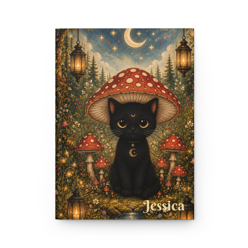 Personalized Black Cat Journal — Moonlit Mushroom Hardcover Notebook | Lined Pages, Witch Aesthetic Gift
