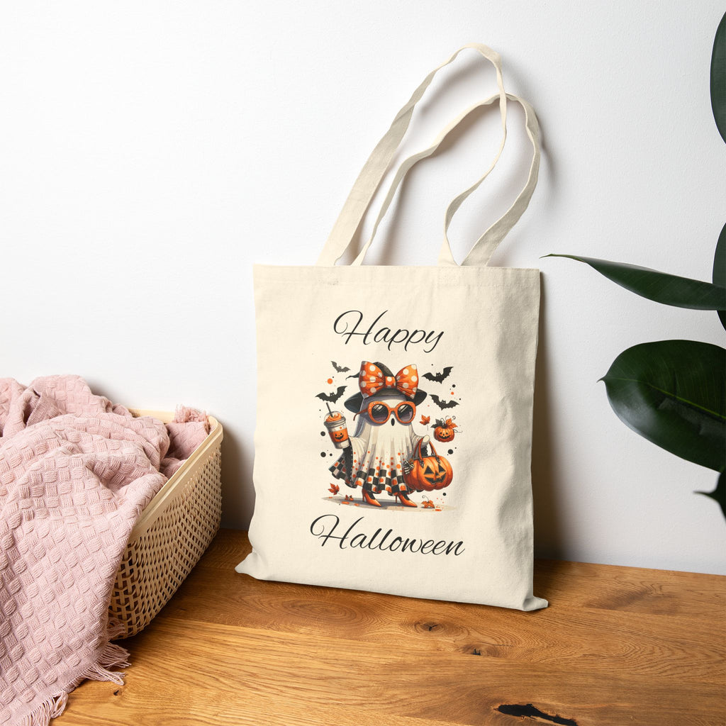Cotton Canvas Halloween Trick or Treat Tote Bag, Fall Decor Reusable Shopping Bag Bougie Ghost Design Teacher Gift Sturdy Student Laptop Bag