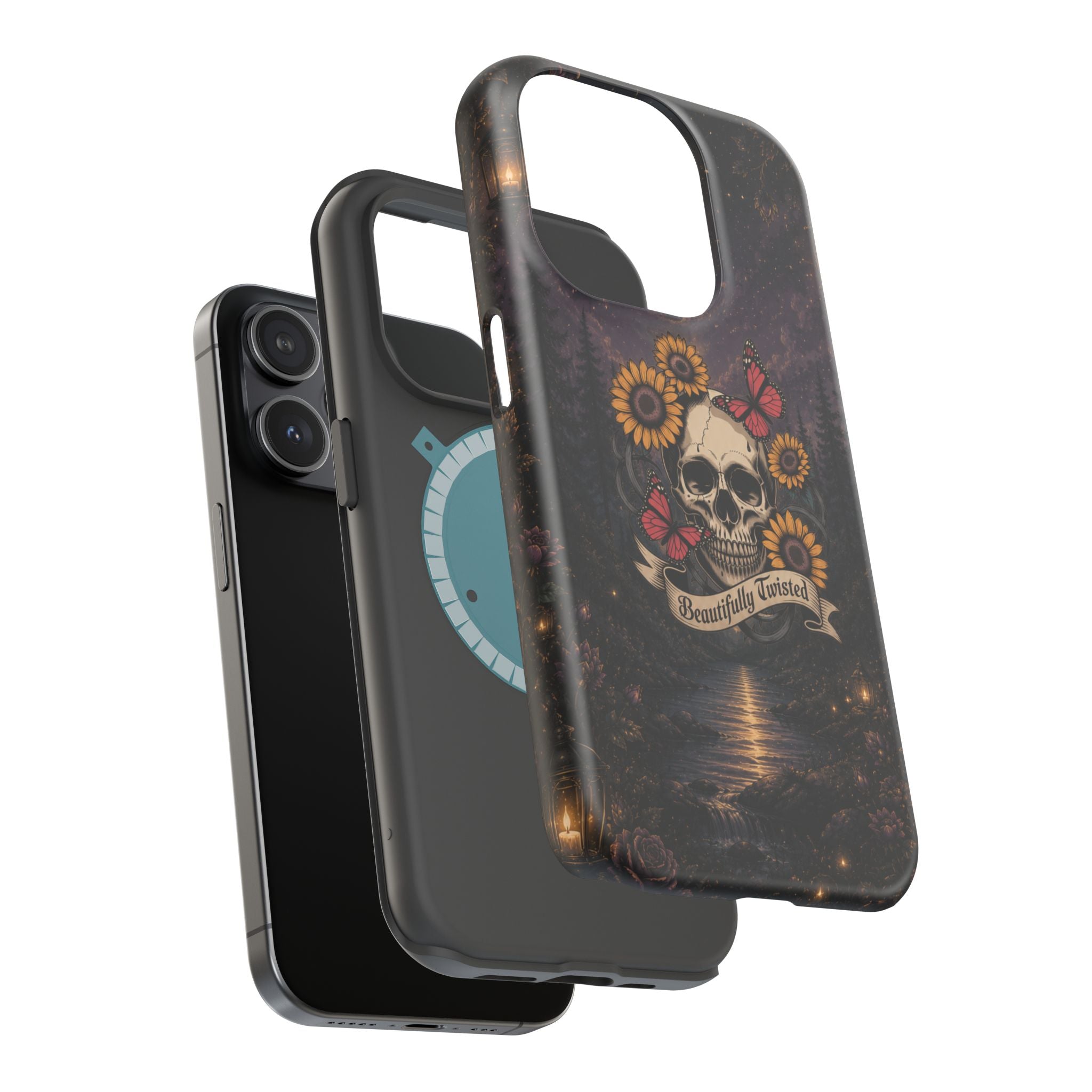 Skull, Sunflowers & Butterflies Phone Case – "Beautifully Twisted" MagSafe Cover