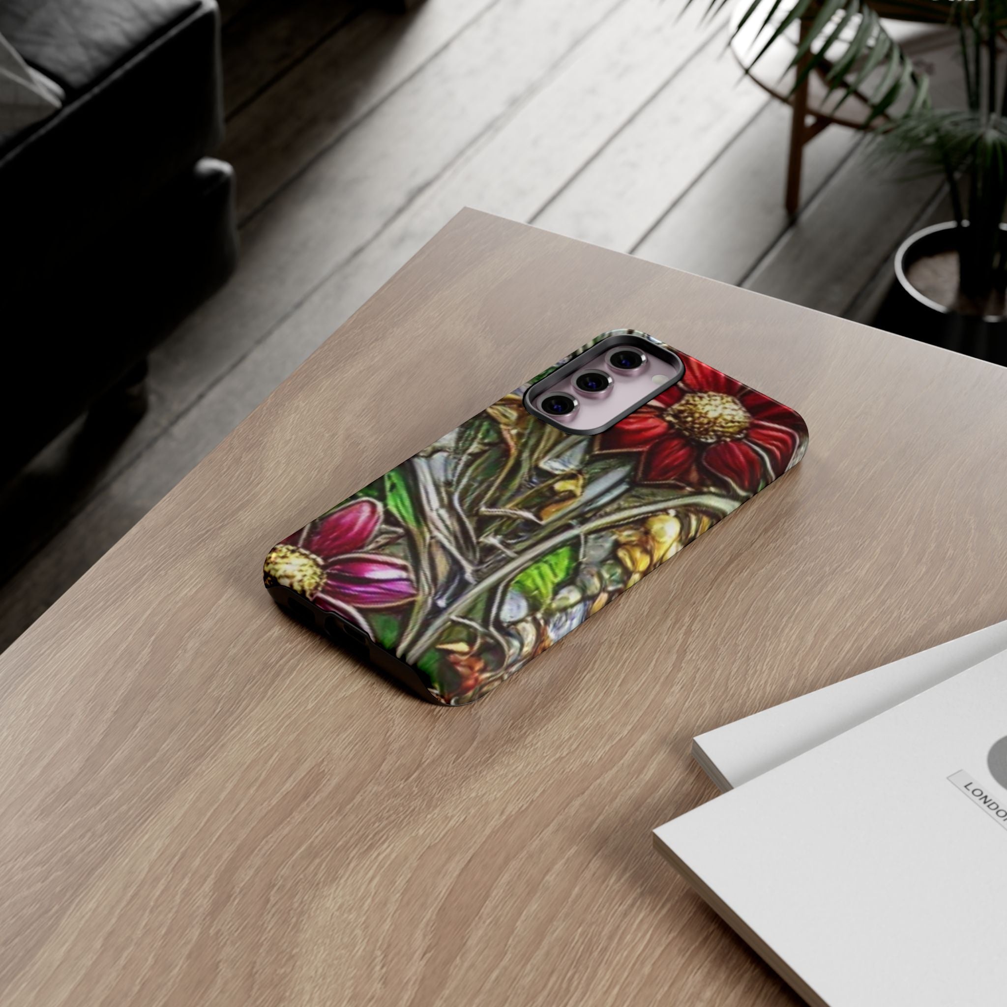 Floral Stained Glass Phone Case – Metallic Red & Purple Flower Design