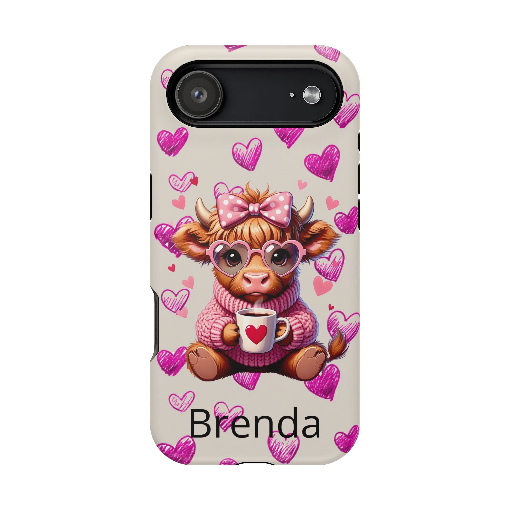 Highland Cow With Pink Hearts iPhone Case, Valentines Magnetic Impact-Resistant Case