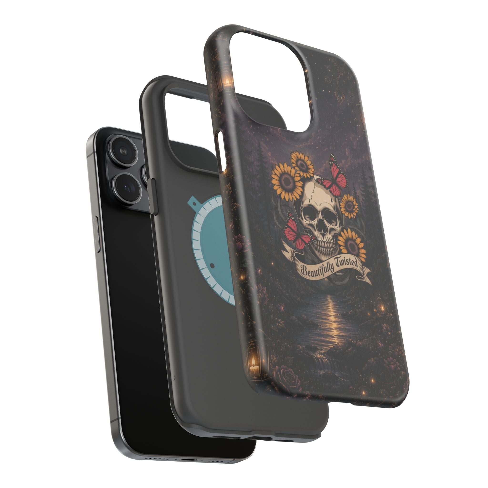 Skull, Sunflowers & Butterflies Phone Case – "Beautifully Twisted" MagSafe Cover