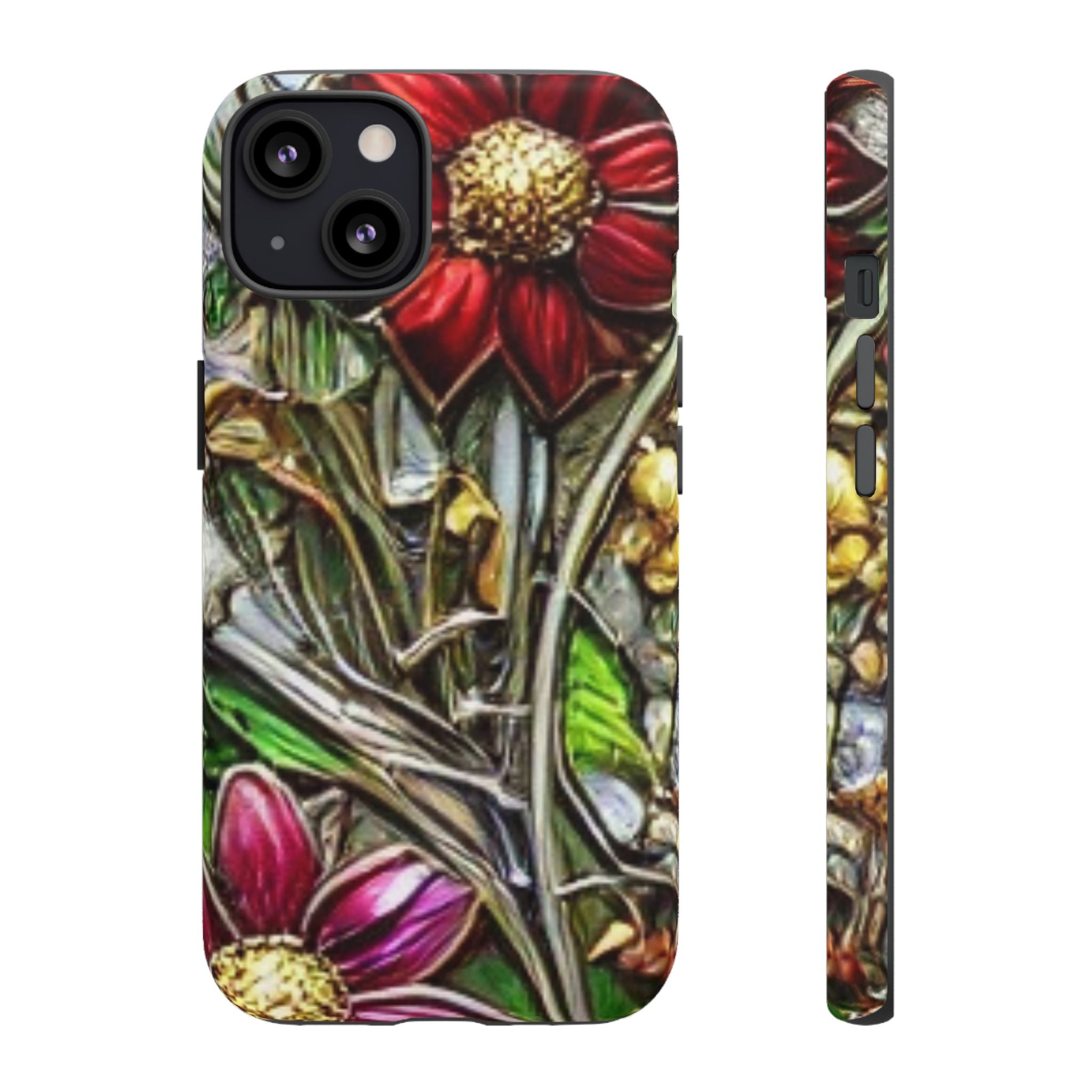 Floral Stained Glass Phone Case – Metallic Red & Purple Flower Design