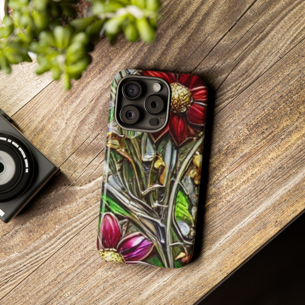 Floral Stained Glass Phone Case – Metallic Red & Purple Flower Design