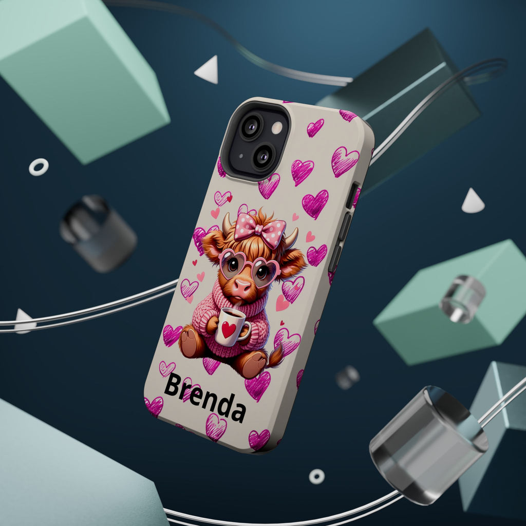 Highland Cow With Pink Hearts iPhone Case, Valentines Magnetic Impact-Resistant Case