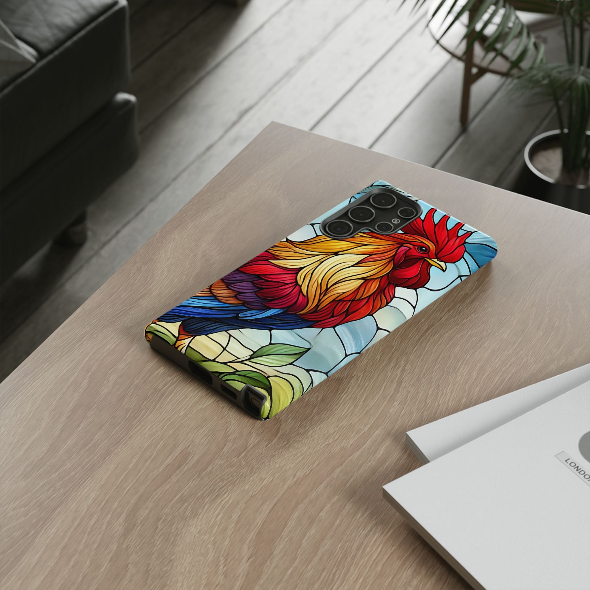 Rooster Faux Stained Glass Phone Case – 3D Full-Wrap Protective Cover with TPU Liner