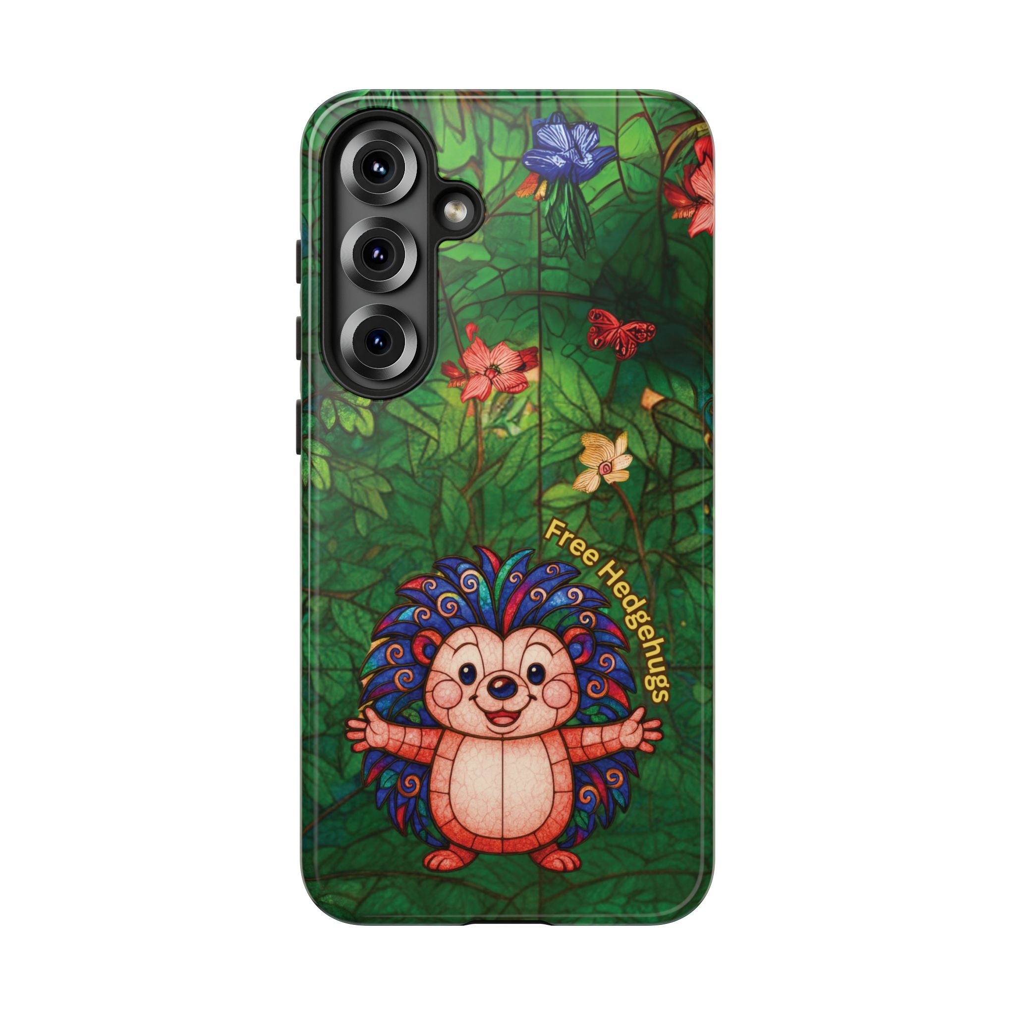 Stained Glass Hedgehog Phone Case – "Free Hedgehugs" Floral Design