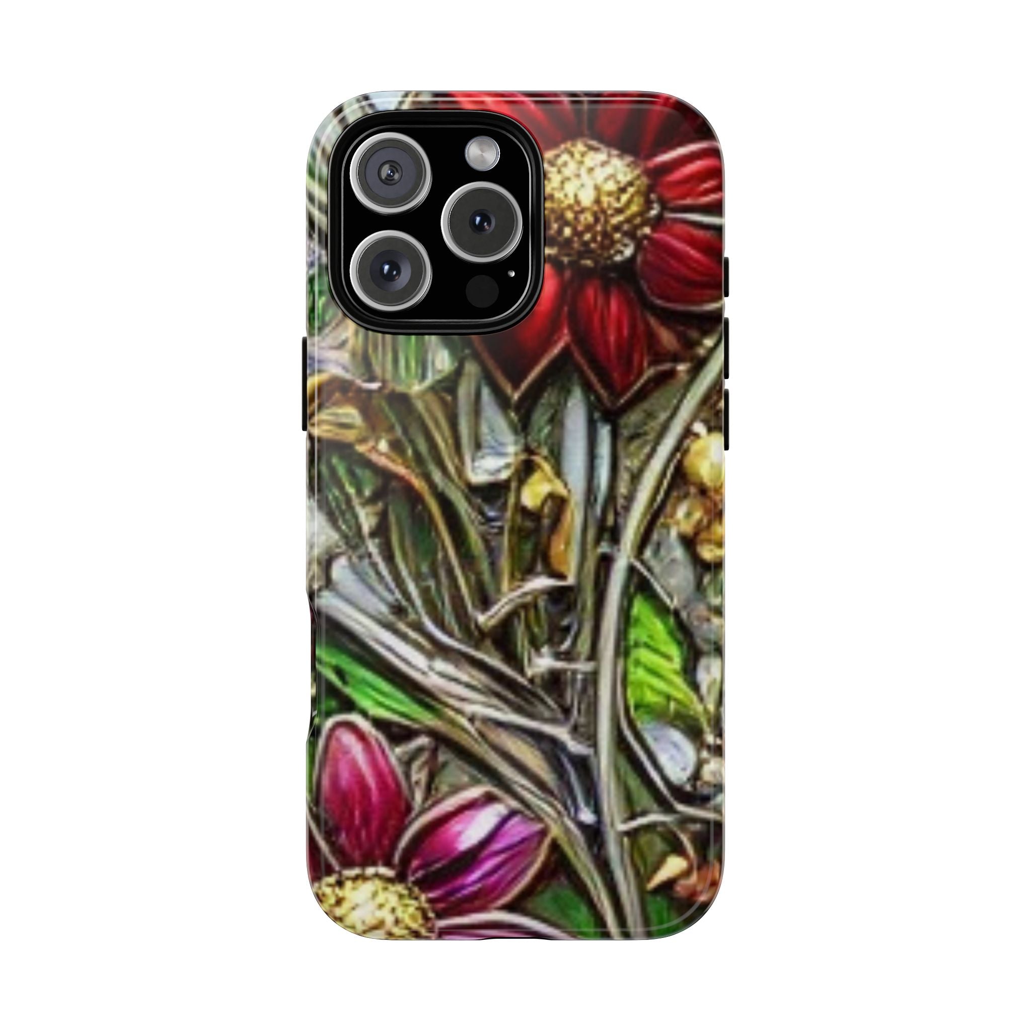 Floral Stained Glass Phone Case – Metallic Red & Purple Flower Design