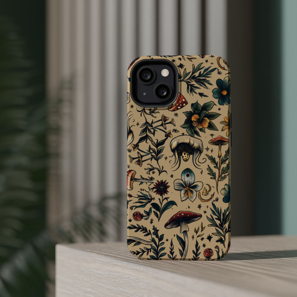 Vintage Botanical Mushroom Phone Case – MagSafe-Compatible Cover
