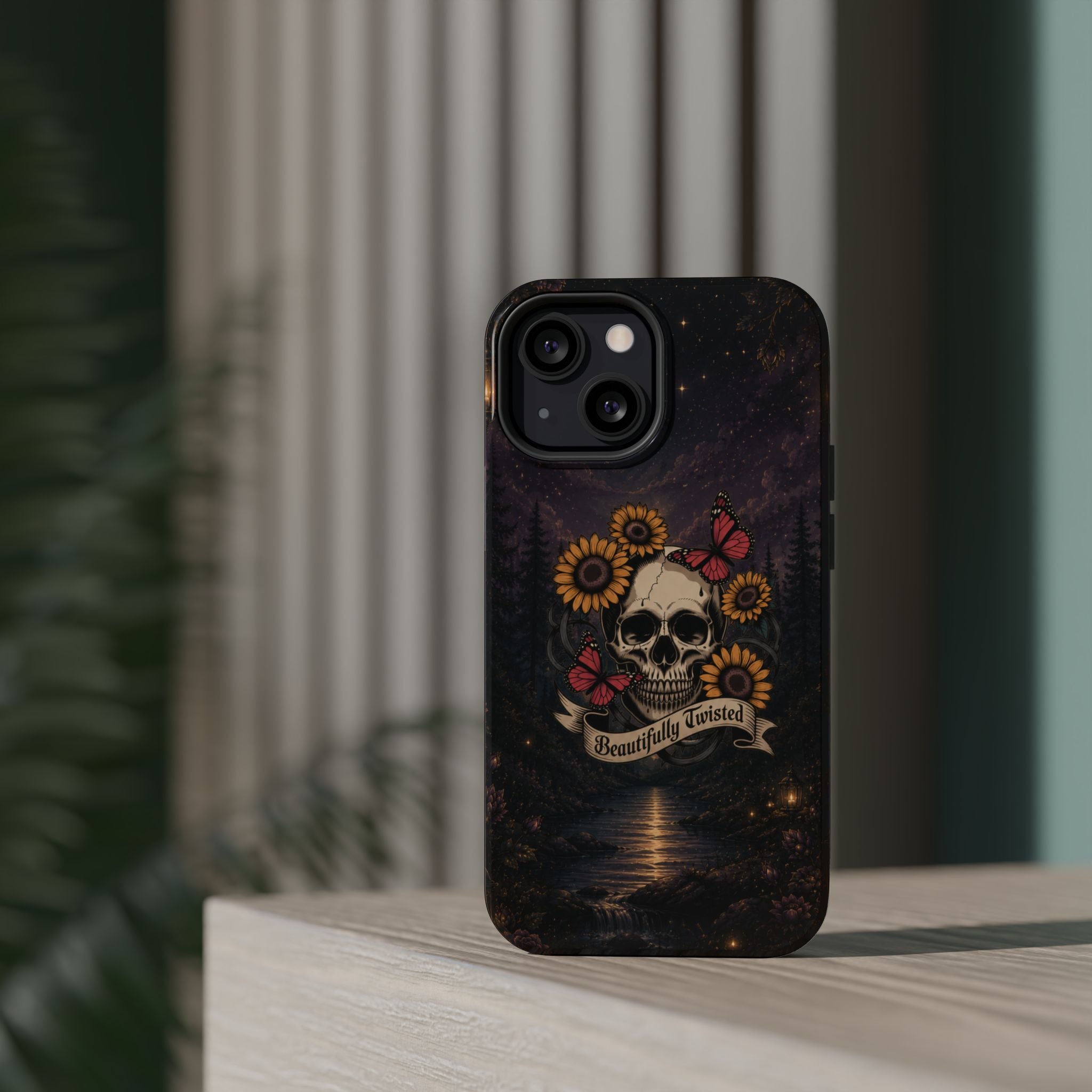 Skull, Sunflowers & Butterflies Phone Case – "Beautifully Twisted" MagSafe Cover
