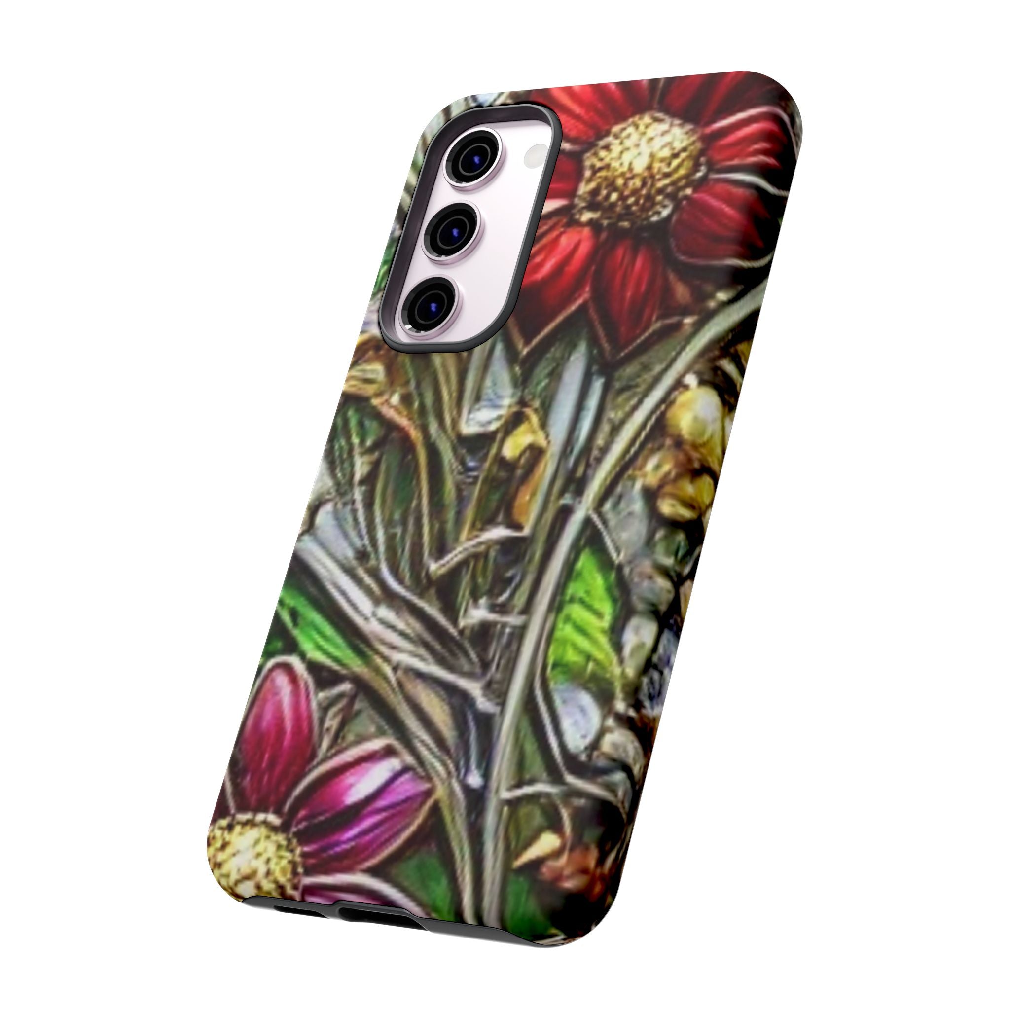 Floral Stained Glass Phone Case – Metallic Red & Purple Flower Design