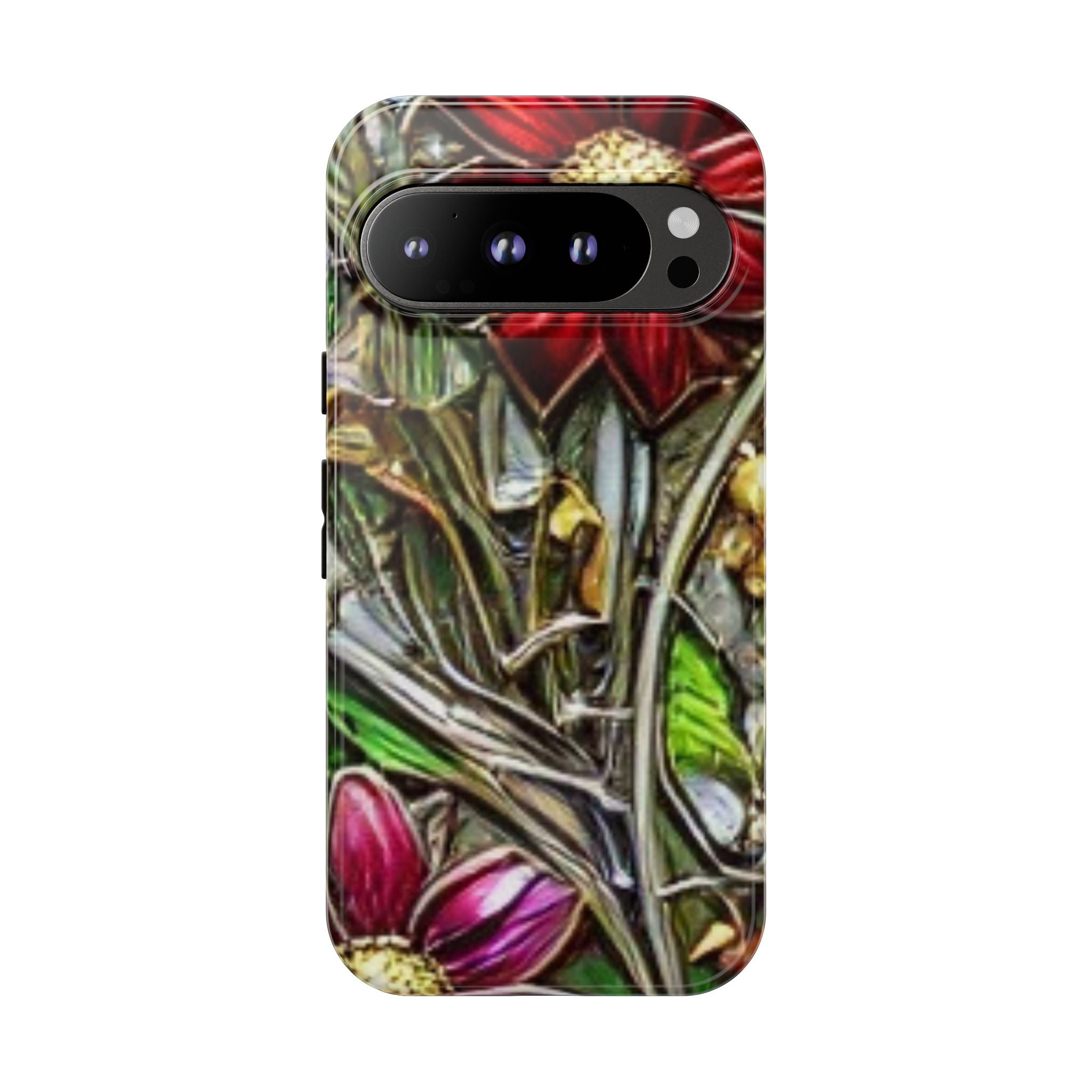 Floral Stained Glass Phone Case – Metallic Red & Purple Flower Design