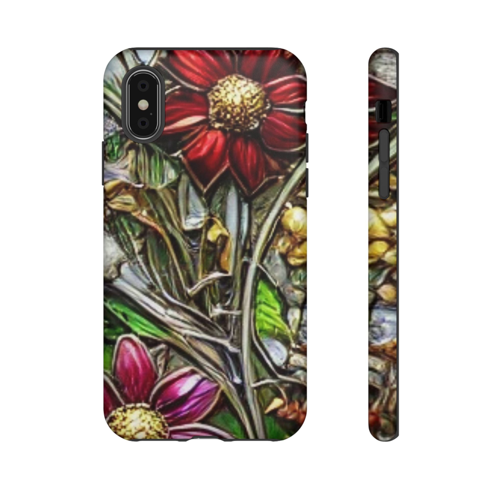 Floral Stained Glass Phone Case – Metallic Red & Purple Flower Design