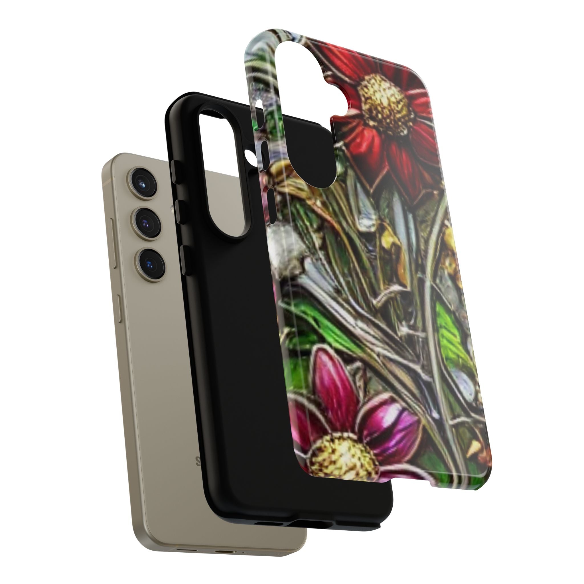 Floral Stained Glass Phone Case – Metallic Red & Purple Flower Design