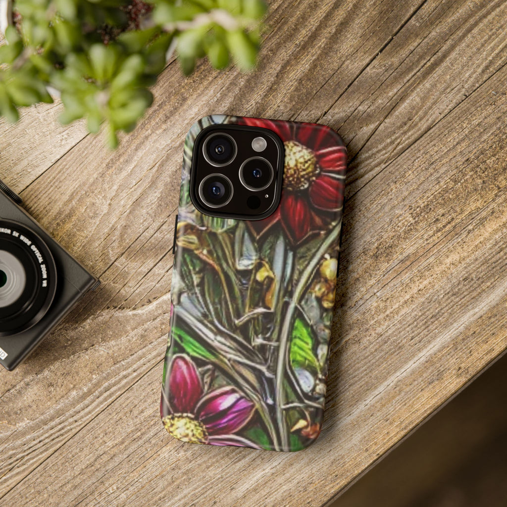 Floral Stained Glass Phone Case – Metallic Red & Purple Flower Design