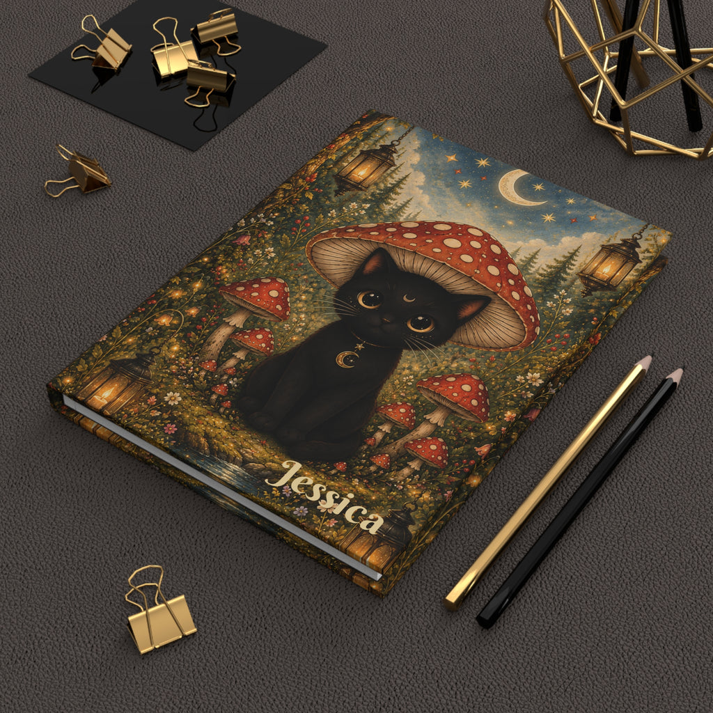 Personalized Black Cat Journal — Moonlit Mushroom Hardcover Notebook | Lined Pages, Witch Aesthetic Gift
