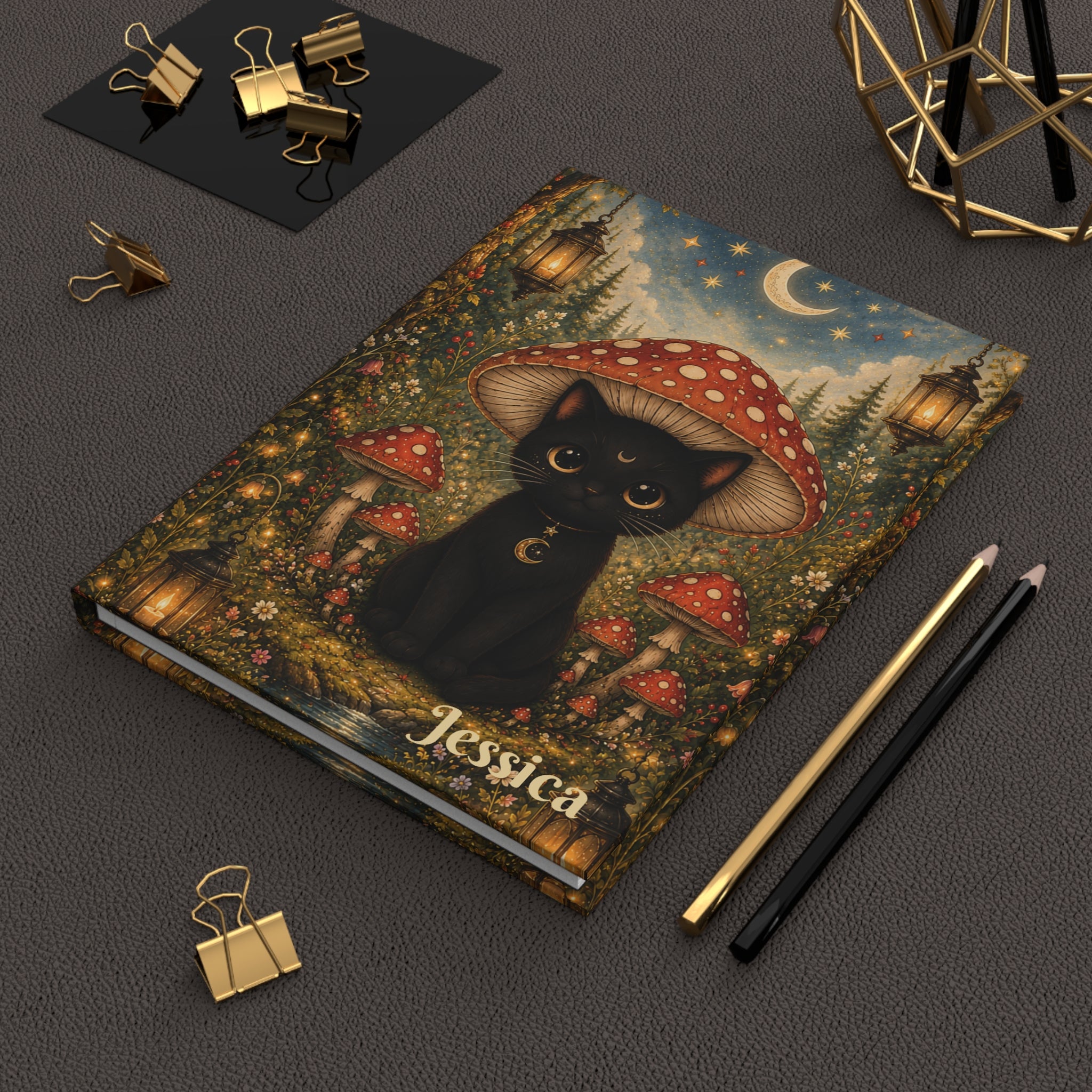 Personalized Black Cat Journal — Moonlit Mushroom Hardcover Notebook | Lined Pages, Witch Aesthetic Gift
